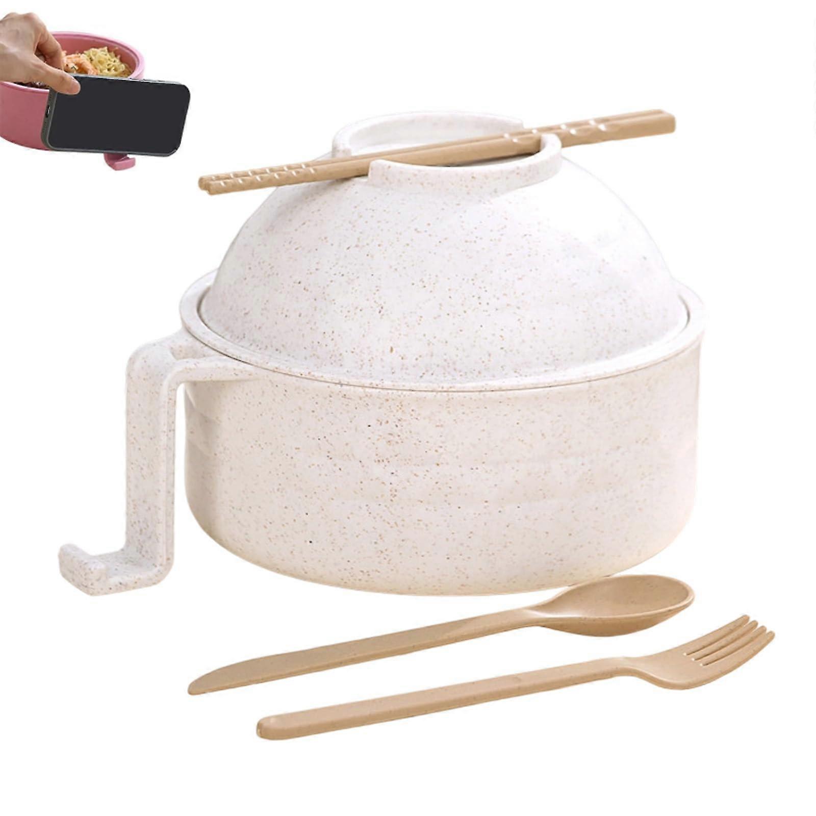 Microwave Ramen Cooker Set with Lid, Strainer and Chopsticks, 3in1 Noodle Bowl for Home and Office White