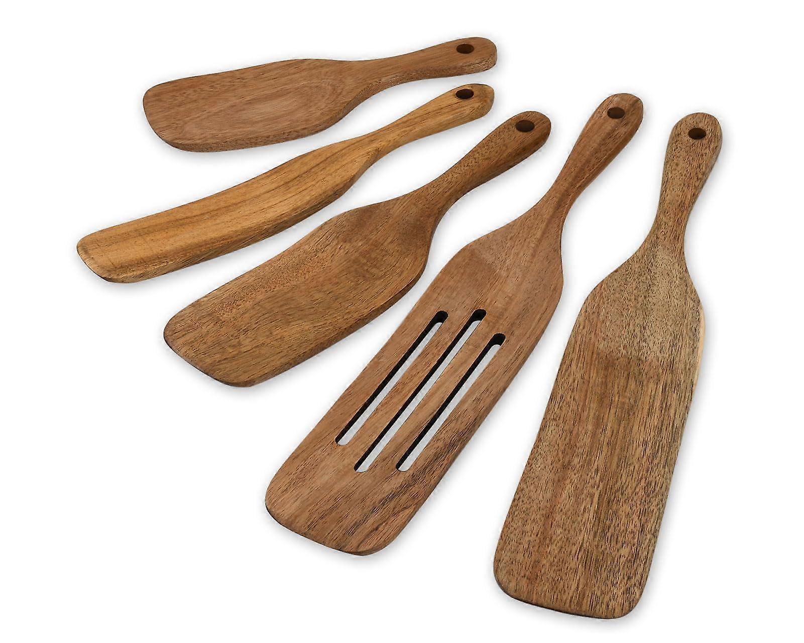 Wooden Spurtle Set of 5 Cooking Spoons for Nonstick Cookware, Salad and Baking