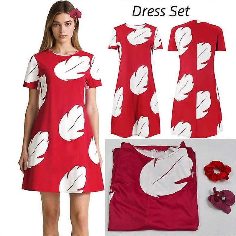 Costume de cosplay Lilo Pelekai Robe rouge Lilo avec colliers de fleurs hawaïens et accessoires : pince à cheveux fleurie pour Halloween et cosplay