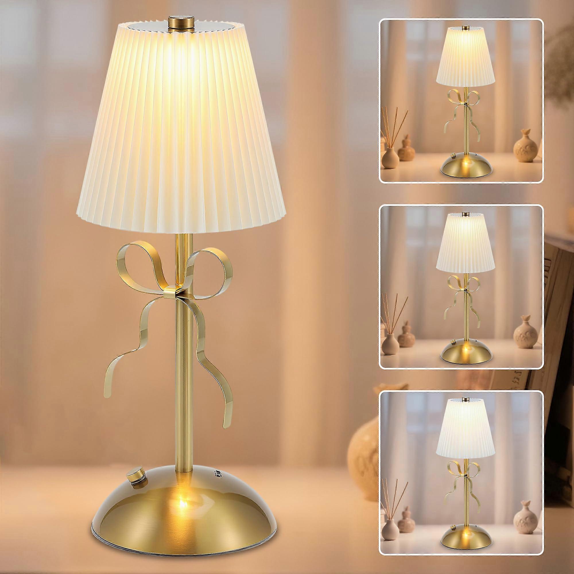 Cordless Table Lamp with Touch Control, Stepless Dimming, Vintage Gold Bow Rechargeable LED Light