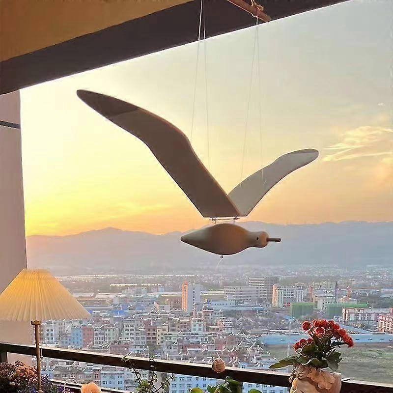 Wooden Seagull Mobile with Flapping Wings, Nautical Hanging Decor for Coastal Home or Garden