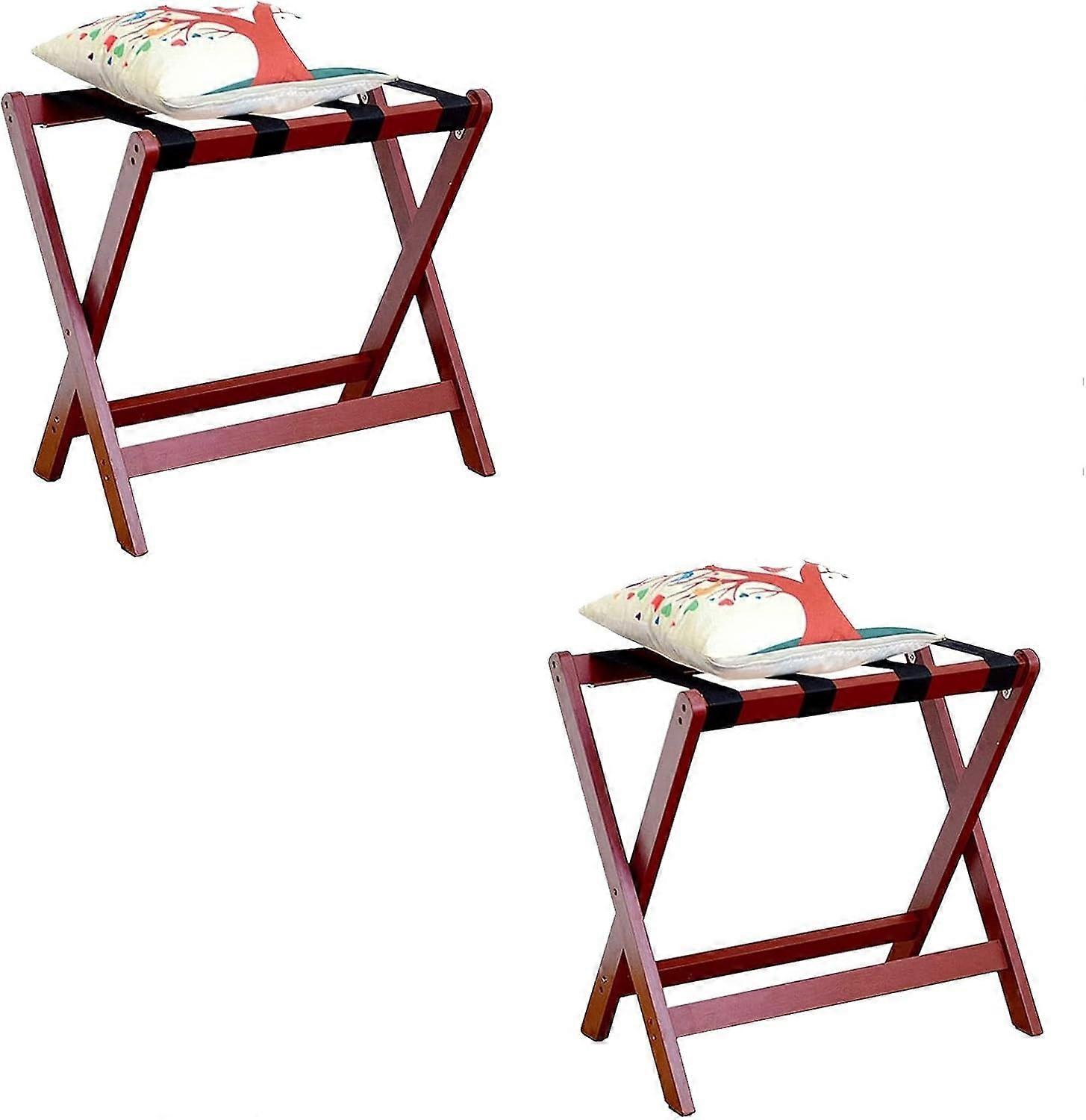 2pcs Red Foldable Bamboo DoubleLayer Luggage Rack with Nylon Straps and Strong Load Capacity