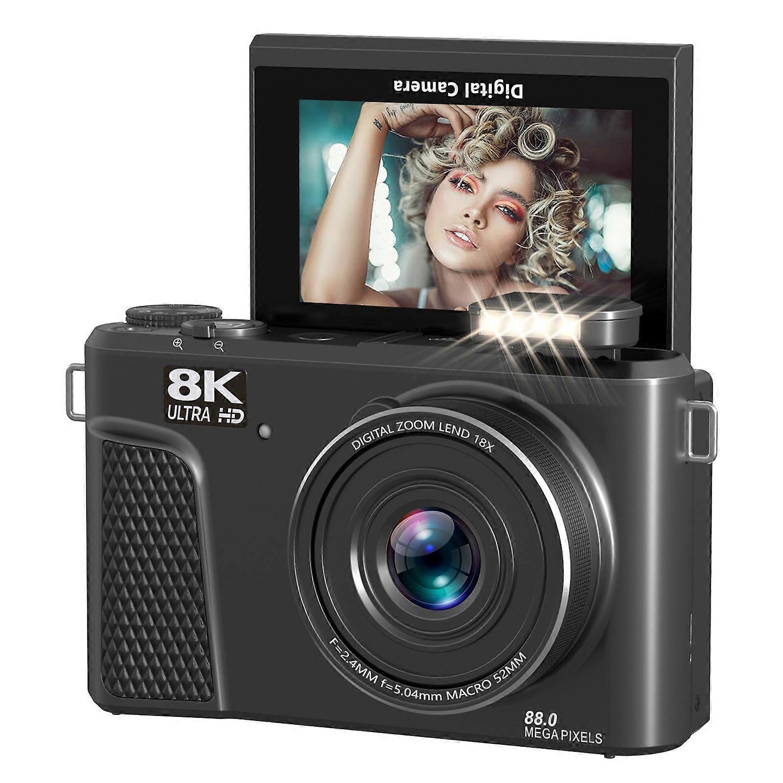 Câmera digital WD300-8K de 88 MP e 8K com zoom máximo de 18x, foco automático, Wi-Fi e tela articulada de 3 polegadas.
