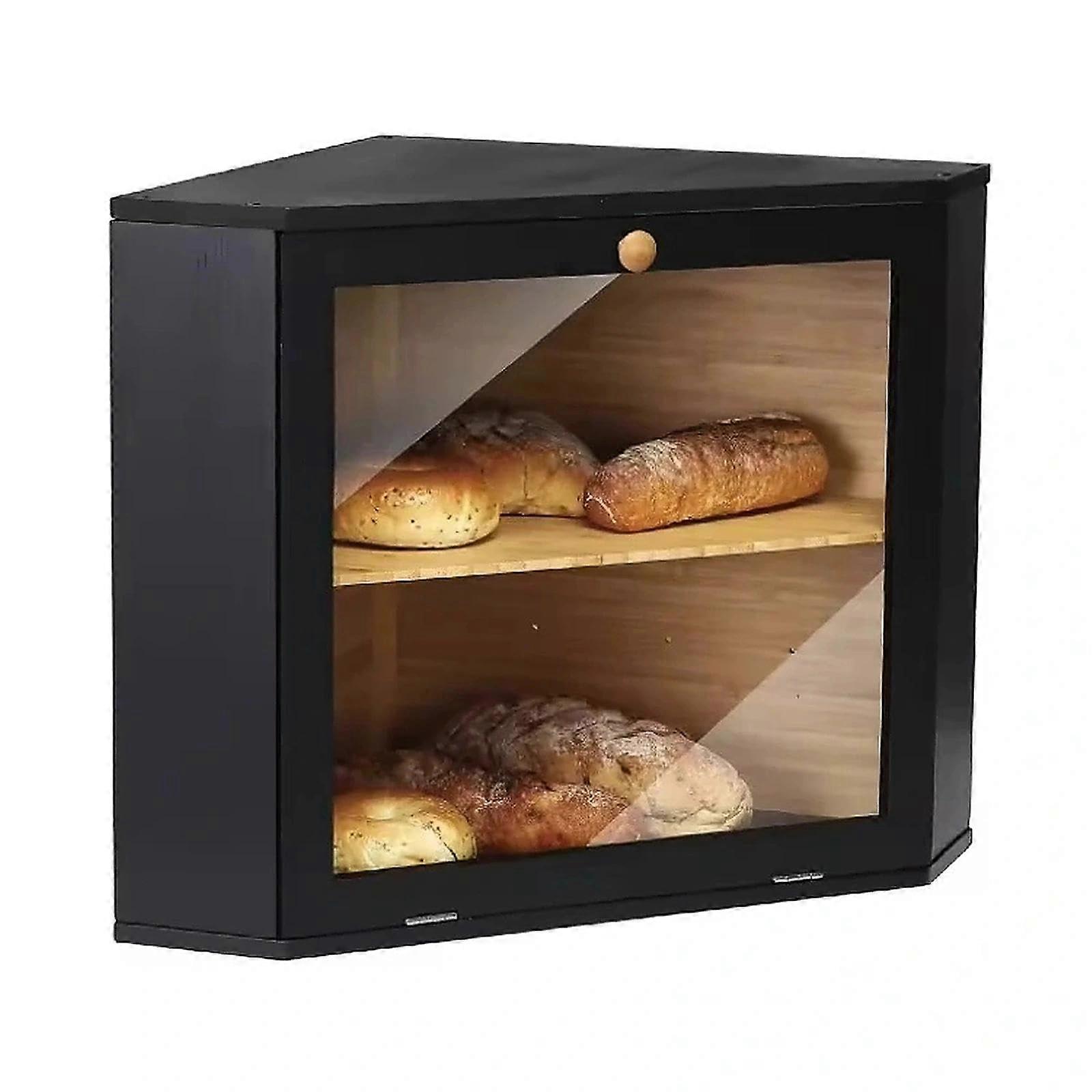 Corner Bread Bin, 2 Tier Bamboo Bread Box with Clear Window, Farmhouse Kitchen Counter Organizer