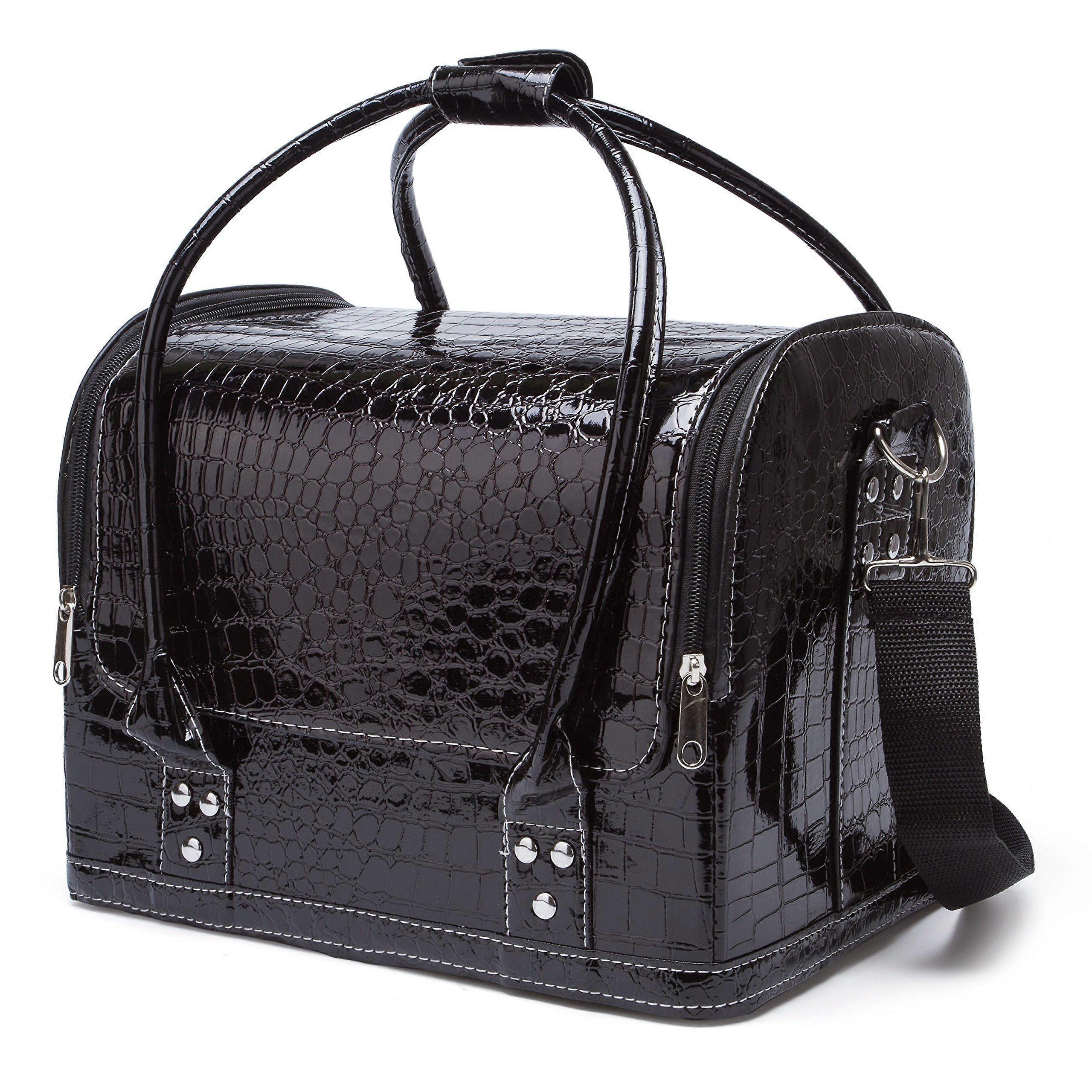Makeup Train Case 3 Layer PU Leather Black Crocodile Pattern with Shoulder Strap for Professionals