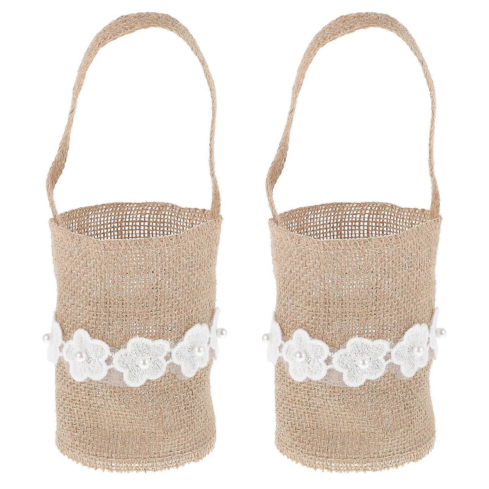 Burlap Baskets Wedding Flower Basket for Storage 2Pcs Rustic Linen Basket