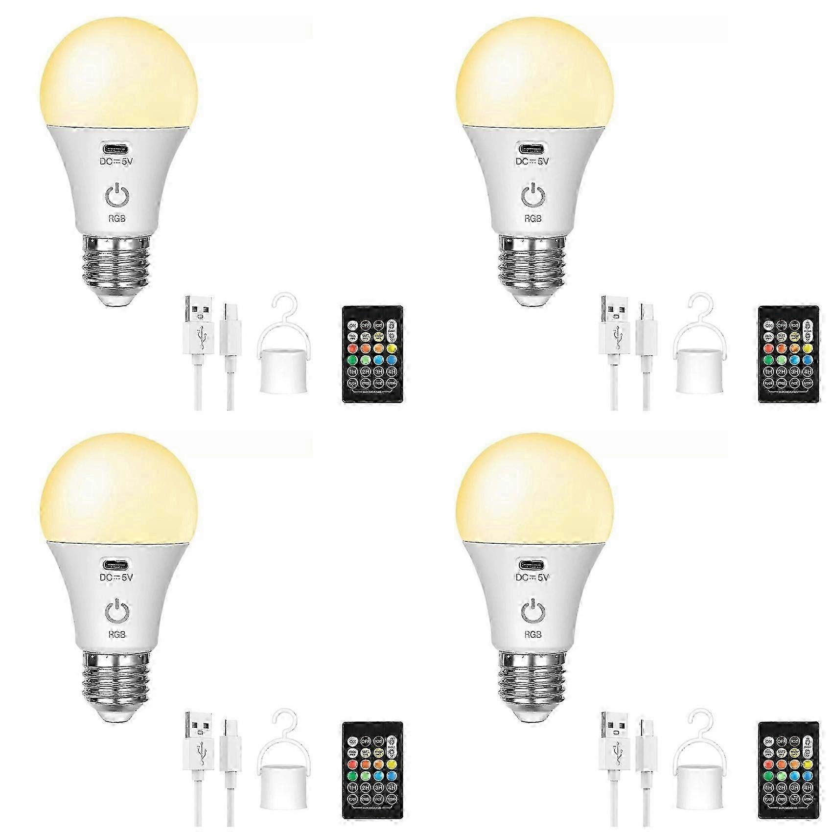 4-Pack Smart RGB LED Bulb E27 Rechargeable Dimmable Cordless USB Timer