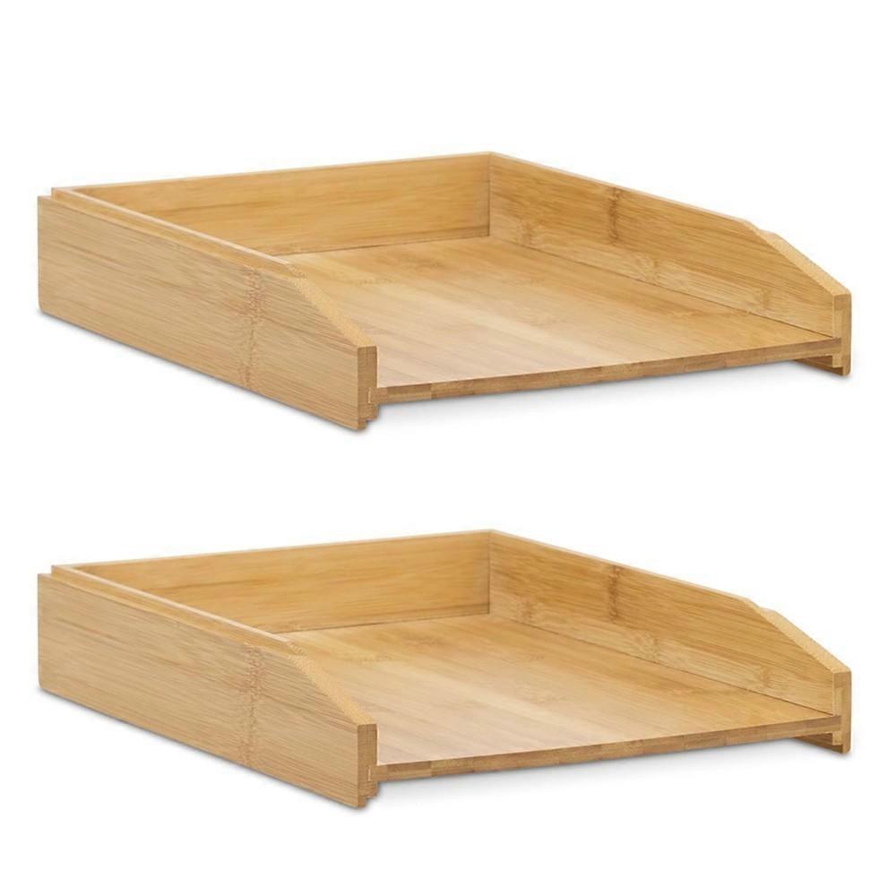 2pcs Bamboo Letter Trays, DIN A4 Size, Natural Stackable Document Tray,Stackable Document Organizer for Desk Offices