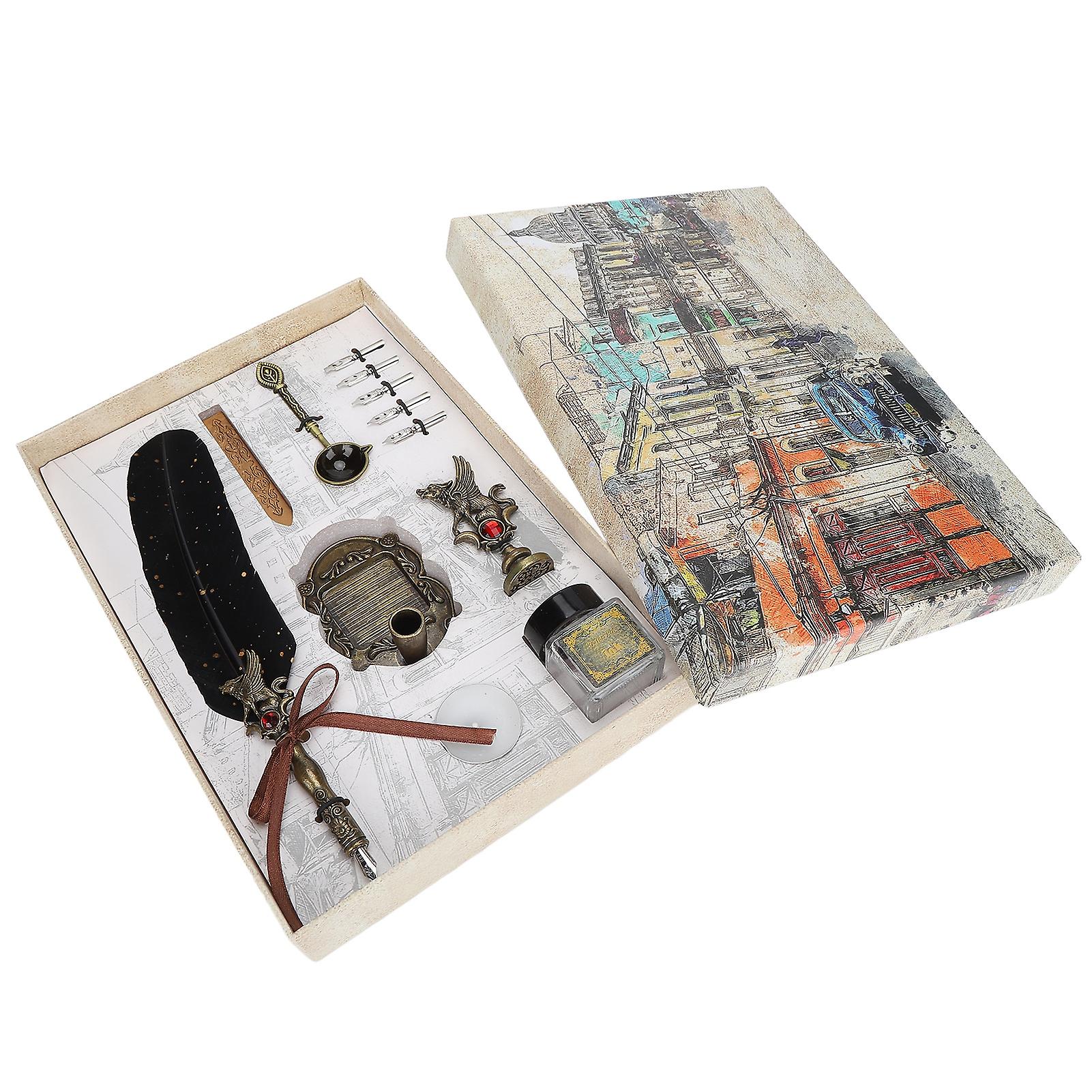 European Style Retro Feather Pen Set with Flat Nib 1-5mm Black