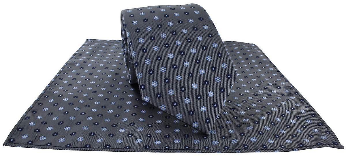 Michelsons of London Small Flower Tie and Pocket Square Set - Grey