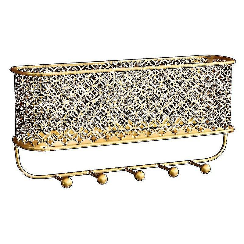Wall Mounted Metal Storage Basket, Mail Holder With 5 Hooks,gold