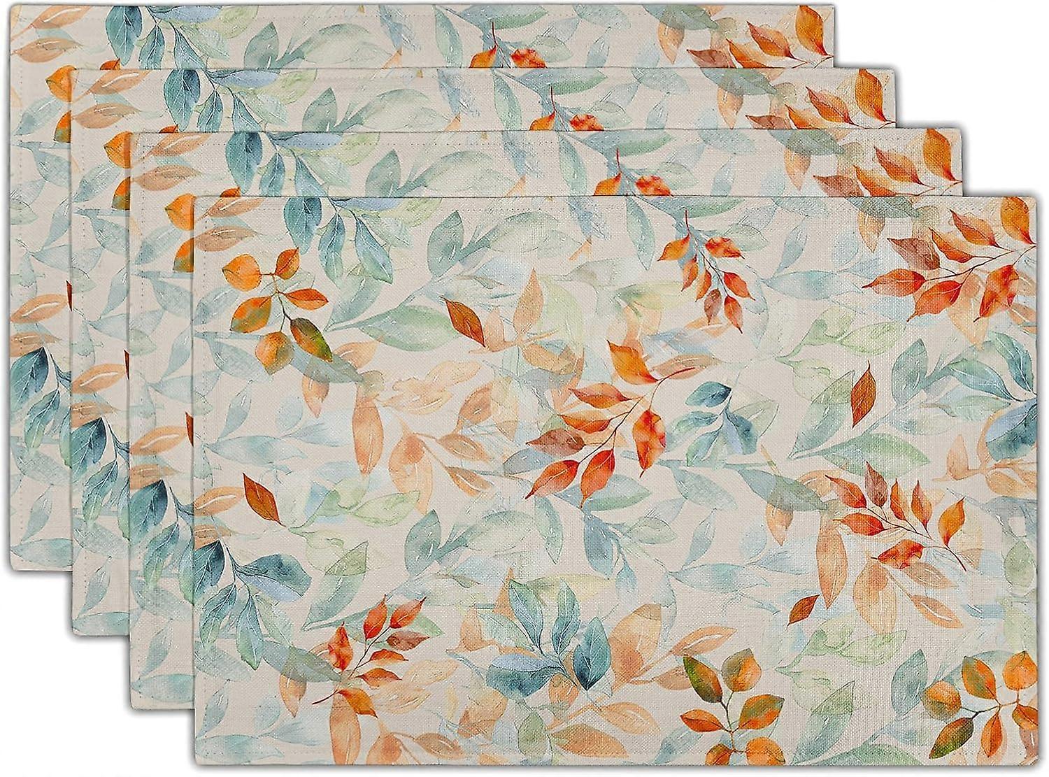 Fall Leaves Placemats Set of 4, 12x18 Inch Rustic Green Orange Gradient Color Leaf Autumn Harvest Heat Resistant Washable Dining Table Place Mats for 