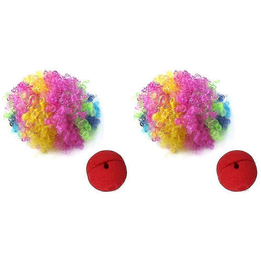 2x Red Foam Clown Nose + Multi-colored Clown Wig Compatible With Masquerade Cosplay Fancy Dress