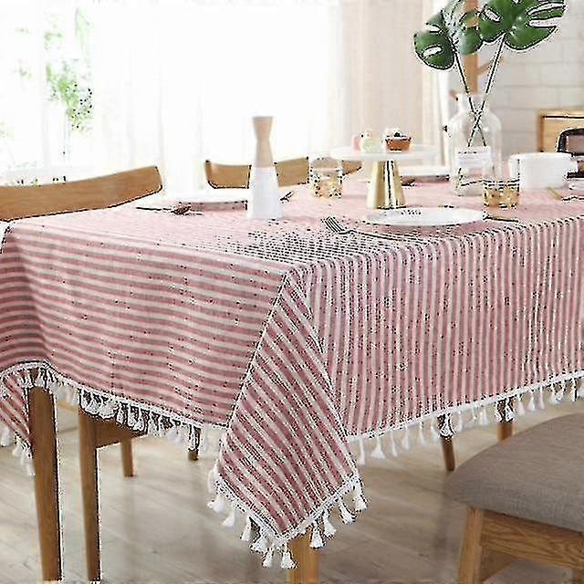 Simple Striped Tablecloth Plain Tassel Table Linen (1pc, Red)