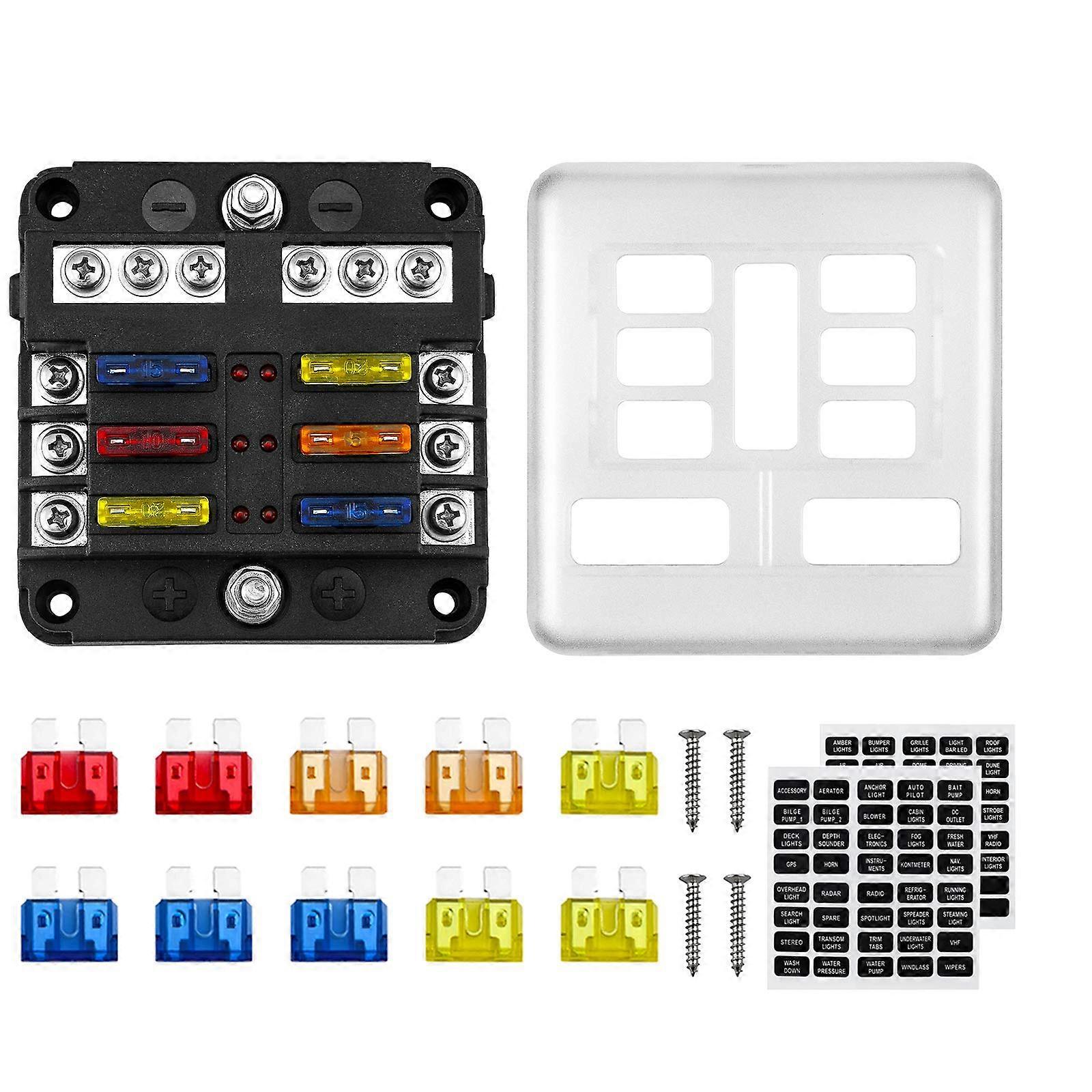 6 Way Fuse Box 12v Blade Fuse Block with LED Indicator, 6 Circuits Fuse Box Holder with W/Negative Bus for Automotive