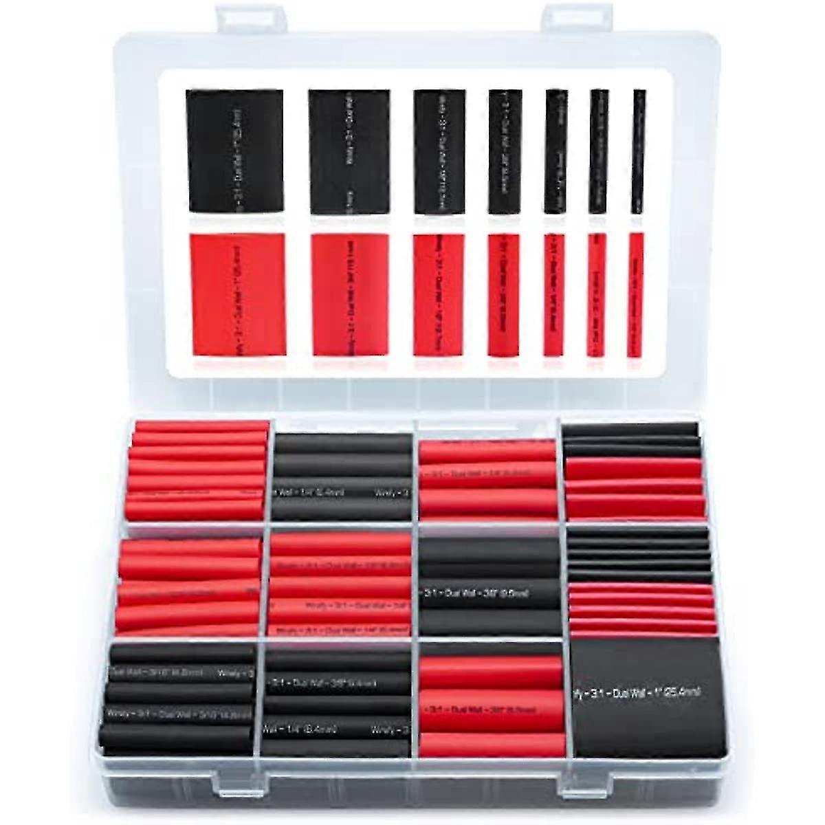 200 Pcs Heat Shrink Tubing Kit - Larger Diameter - 3:1 Dual Wall Tube - Adhesive Lined - Marine Shrink Tubing - Black Red