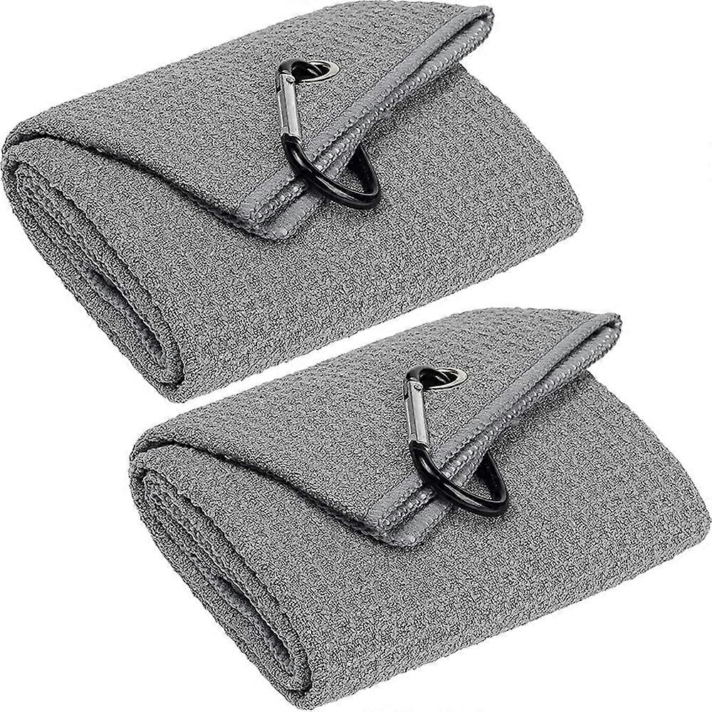 2 Pack Tri-fold Golf Towels, Premium Microfiber Fabric Waffle Pattern with Black Heavy Duty Carabiner Clip