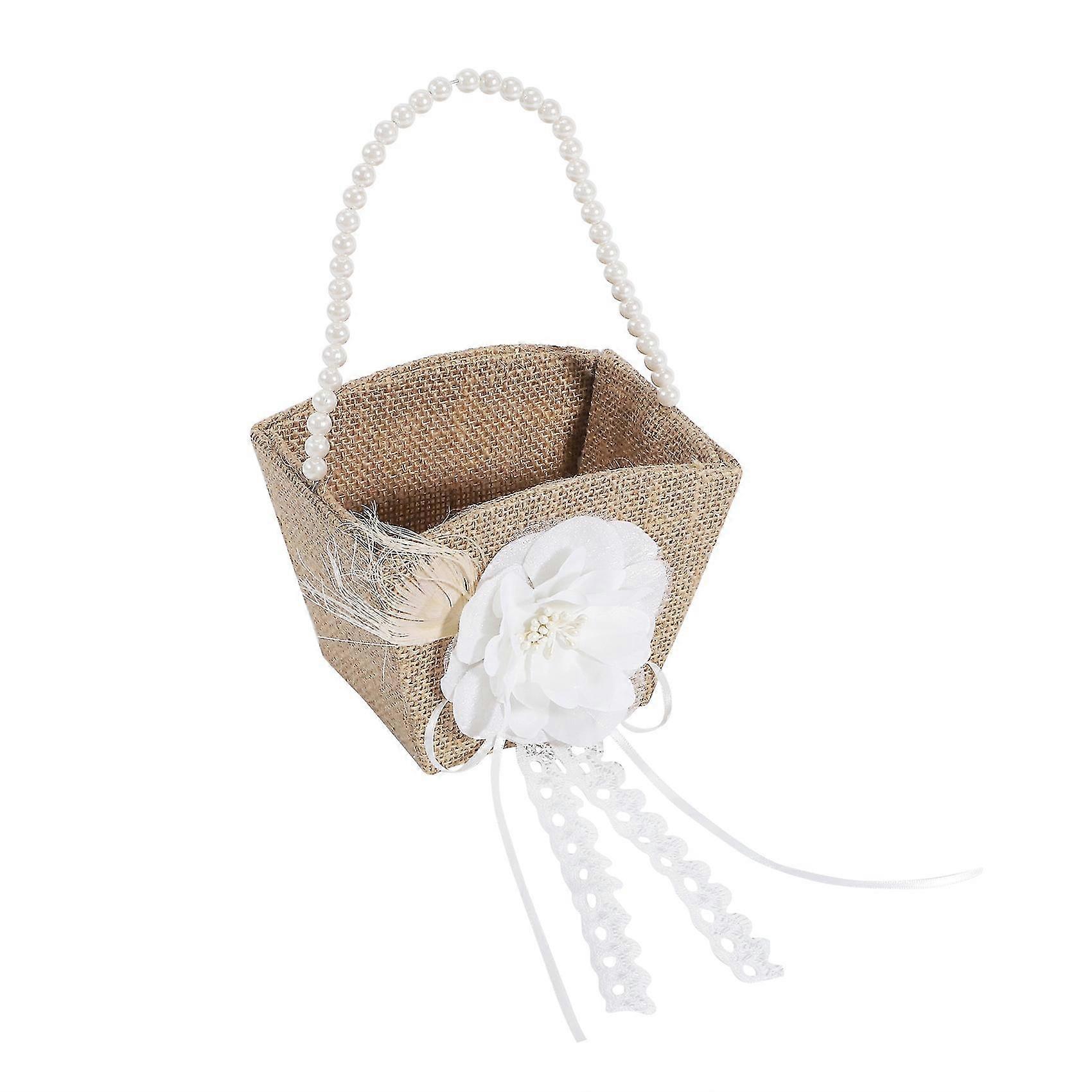 Flower Basket Rustic Burlap For Vintage Rustic Wedding Party With Pearl Handle
