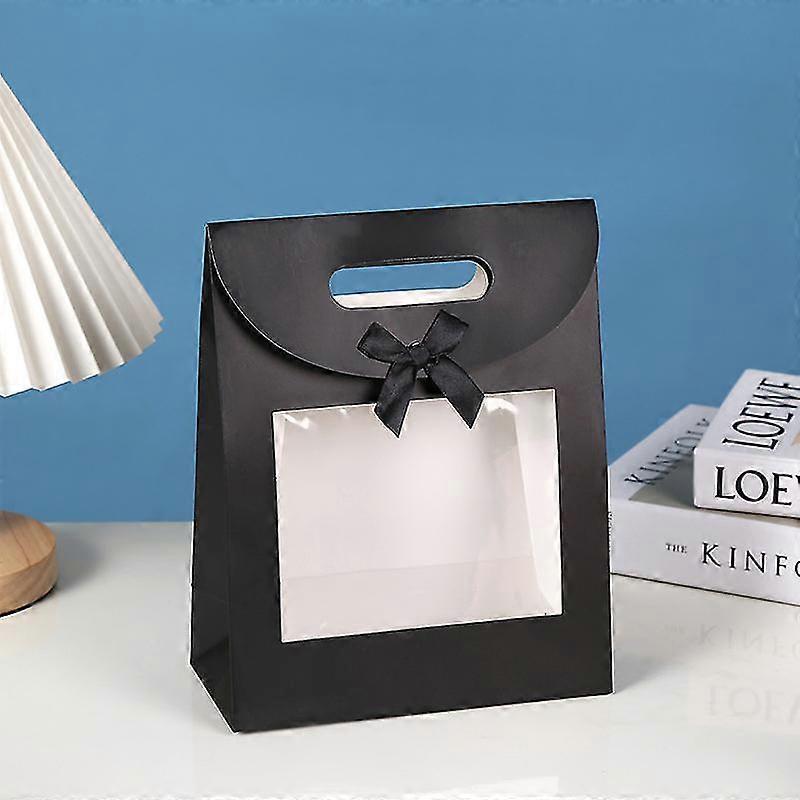 Strong Paper Stand Up Gift Bag, 26 Cm X 19 Cm X 9 Cm, Brown Kraft Bag With Clear Window And Bow - Pack Of 12