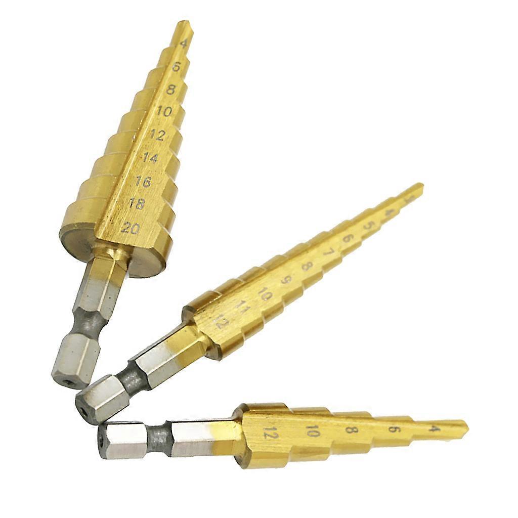 3 x HSS Drill Bit Step Cutter SET Titanium Cone Hole 3-12,4-12,4-20mm - Titanium