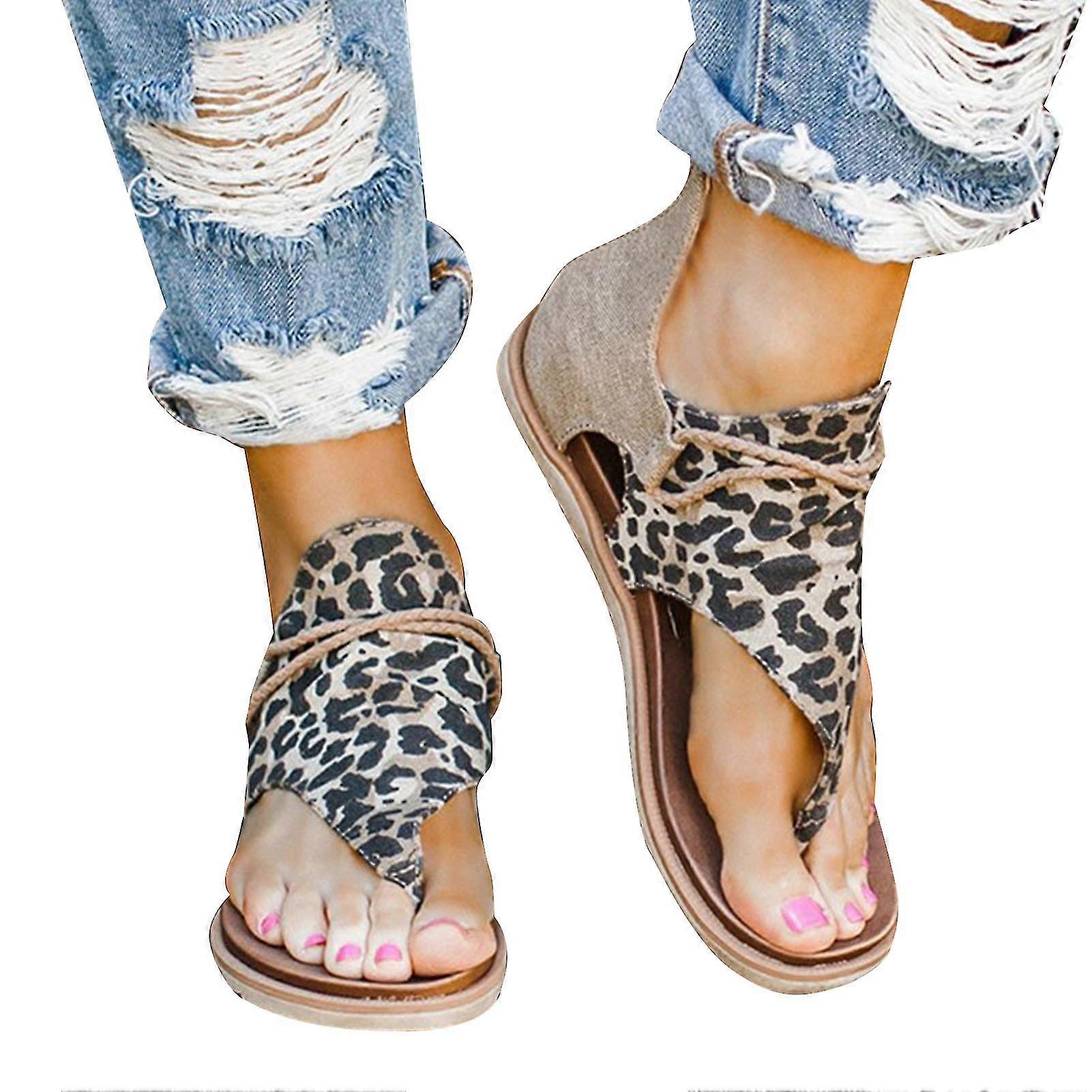 Women's Leopard Print Flats Sandals Summer Casual Beach Open-toe Back Zipper T-strap