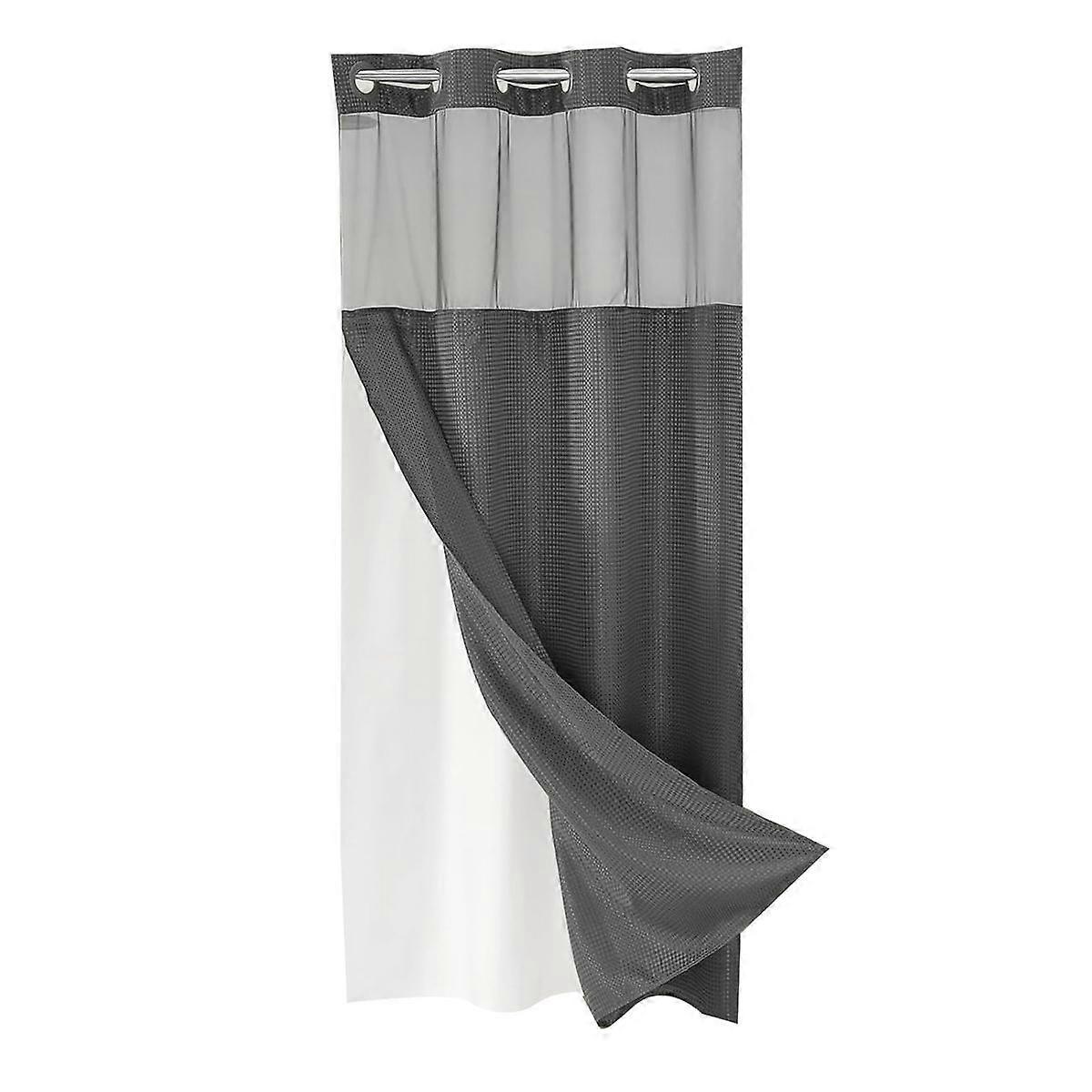 No Hook Waffle-Weave Shower Curtain with Snap-in Fabric Liner Set for Bathroom, Hotel Style with Mesh Top Window,B