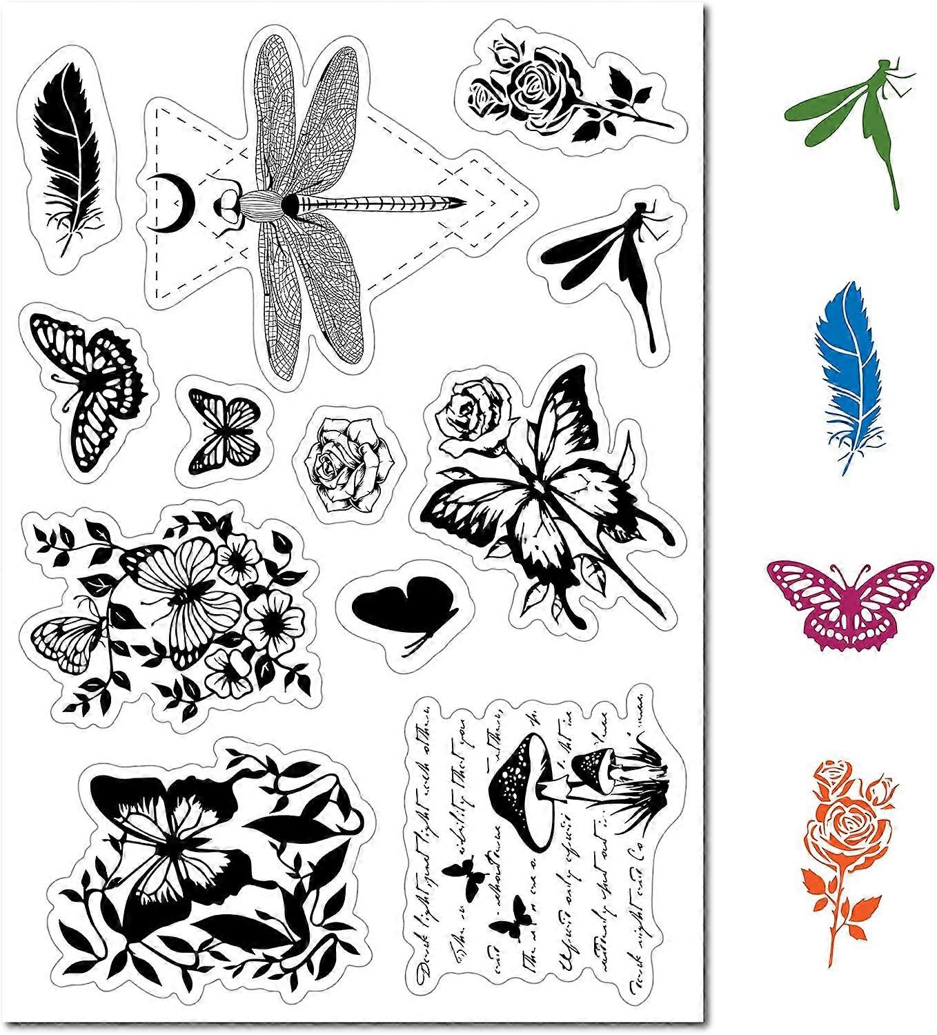 Butterfly Dragonfly Clear Rubber Stamps Vintage Flowers Mushroom Insect Transparent Silicone Seals Stamp for Journaling Card Making Friends DIY Scrapb