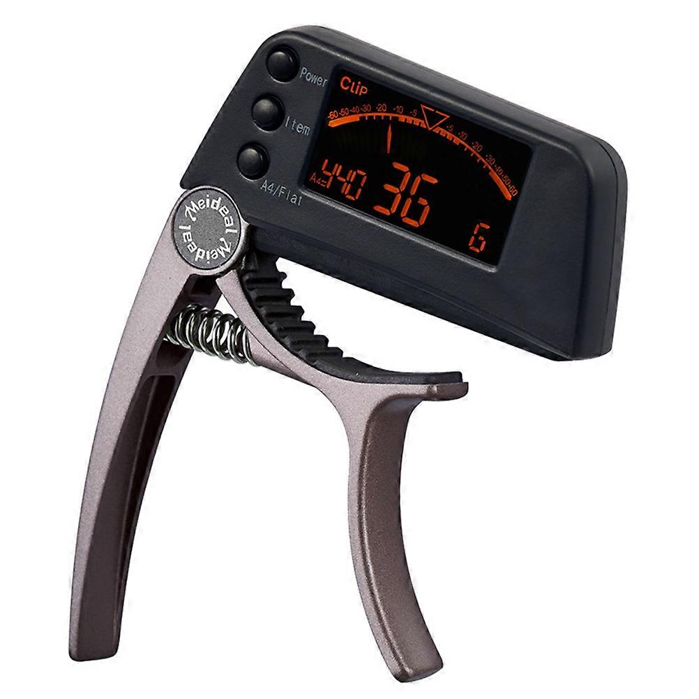 2-i-1 elektrisk digital LCD elektronisk gitarrstämapparat och capo clip-on akustisk basstämapparat tongenerator för gitarr/ukulele/banjo (kaffe)