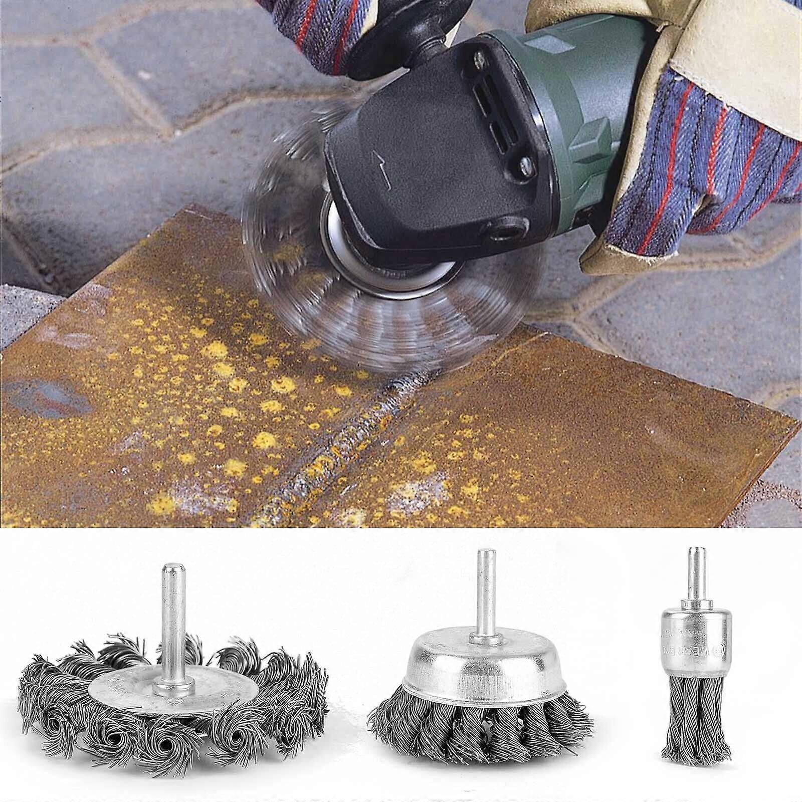 3xRotary Steel Wire Brush Drill Attachment Cup Wheel Set Tool Rust Removal set
