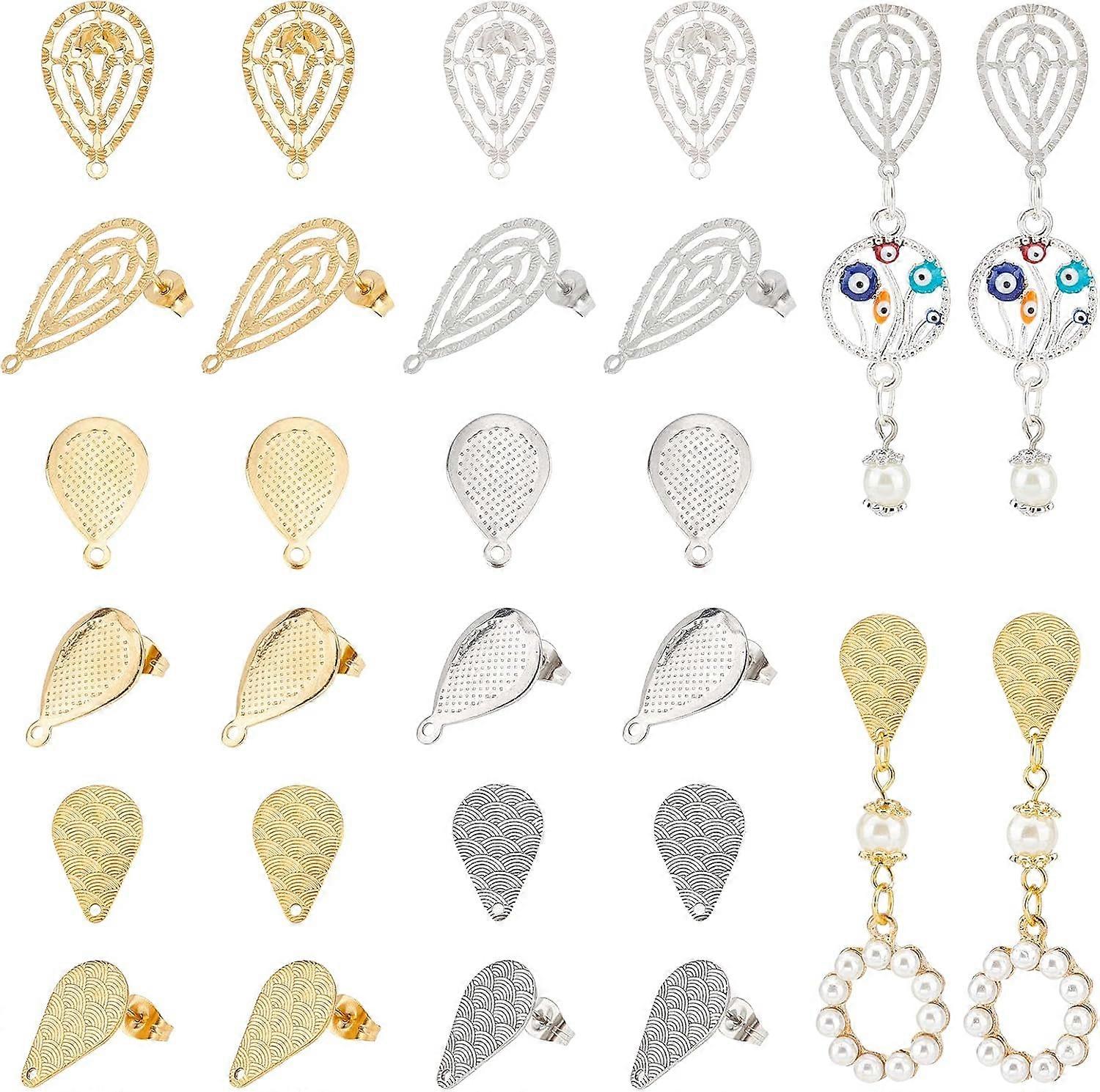 36Pcs 3 Styles 2 Colors Stainless Steel Stud Earring Findings Golden Color Teardrop Stud Earring with Loop and Earring Backs for DIY Earring Making Ho