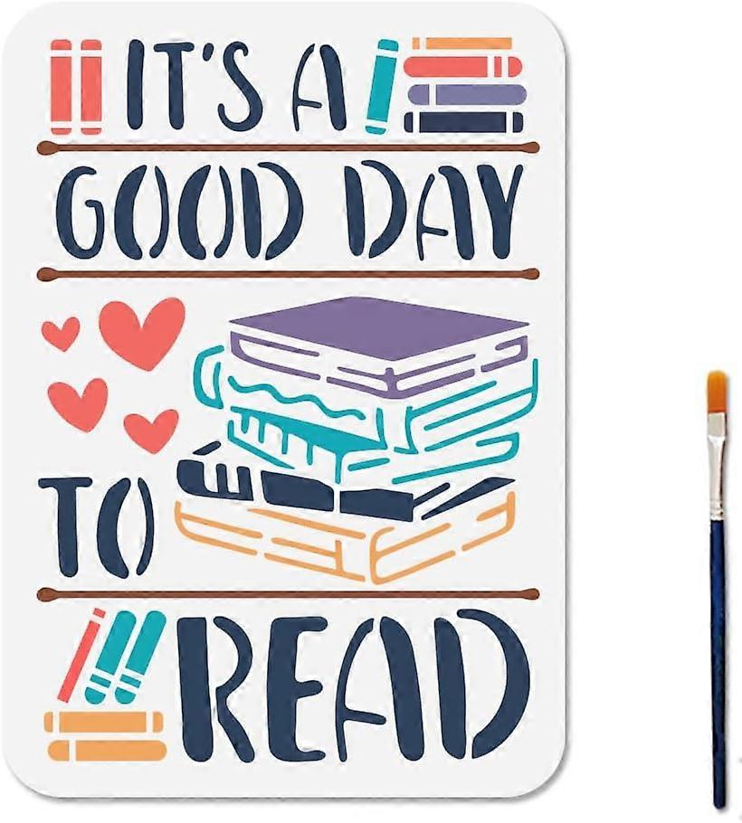 Book Pencil Stencil Reading Books Template 11.7x8.3inch It's A Good Day to Read Stencil with Paint Brush Study Bookshelf Hearts Decoration Template fo