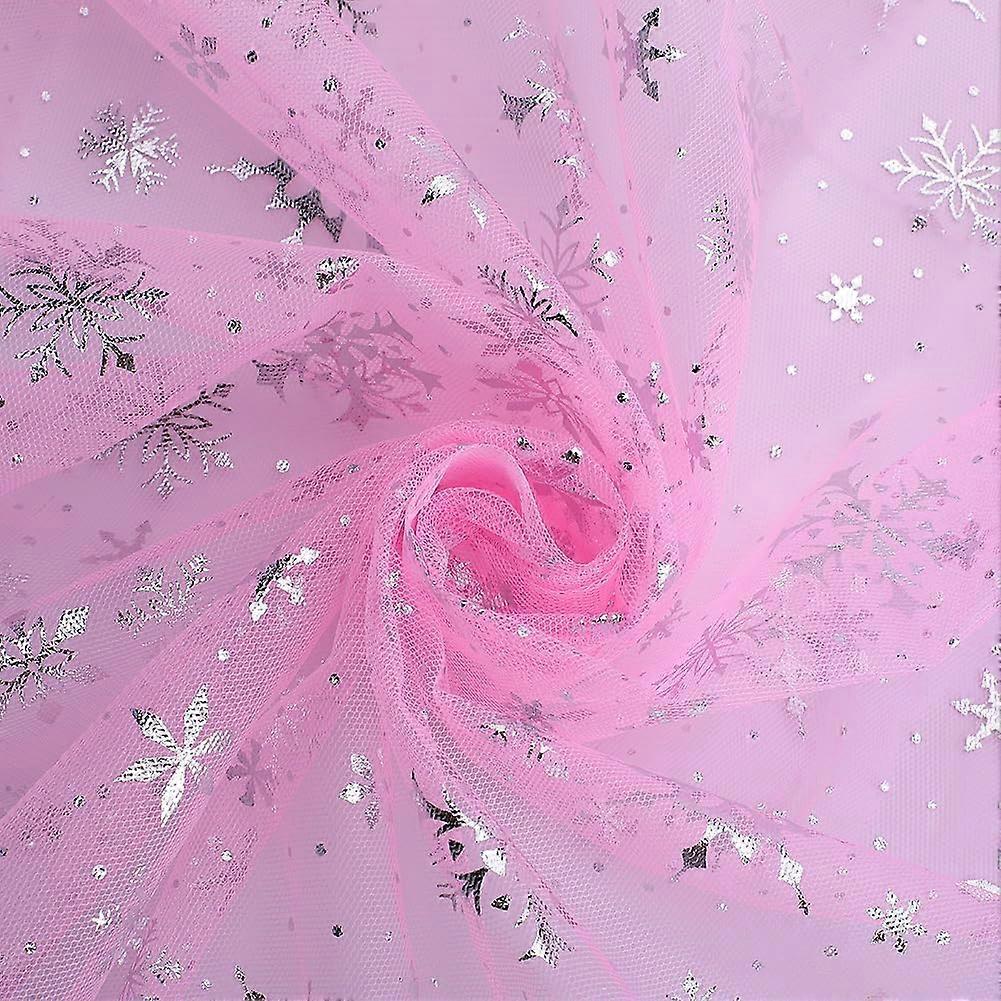 67 Inch Wide Snowflake Silver Foil Organza Fabric Pink Rectangular Sheer Mesh Ribbon Fabric 3 Yards Silky Shiny Tulle Tablecloth Net Gauze for Christm