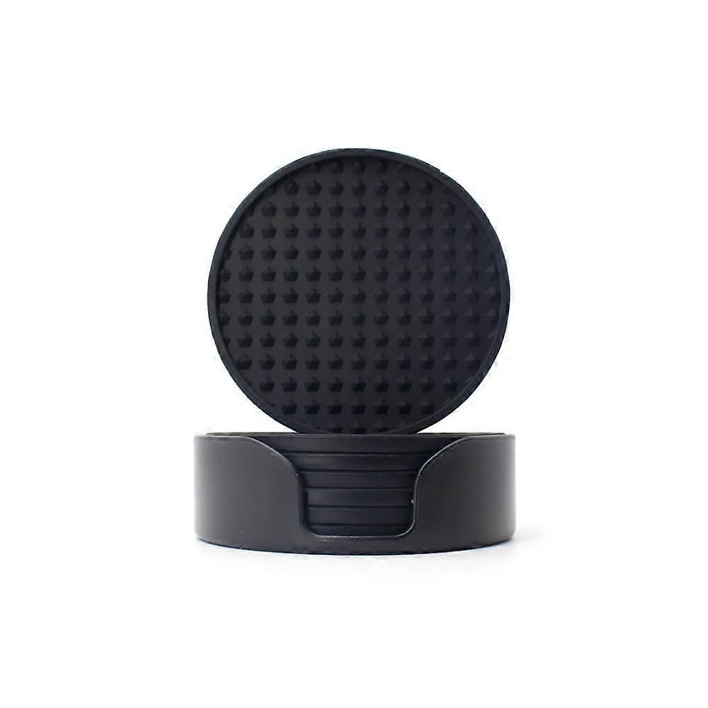 Set of 6 Black Silicone Coasters with Holder for Drinks, Tabletop Protection