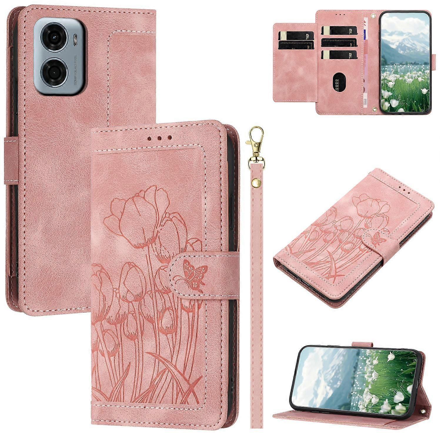 Tulips Embossed Leather Phone Case with Lanyard