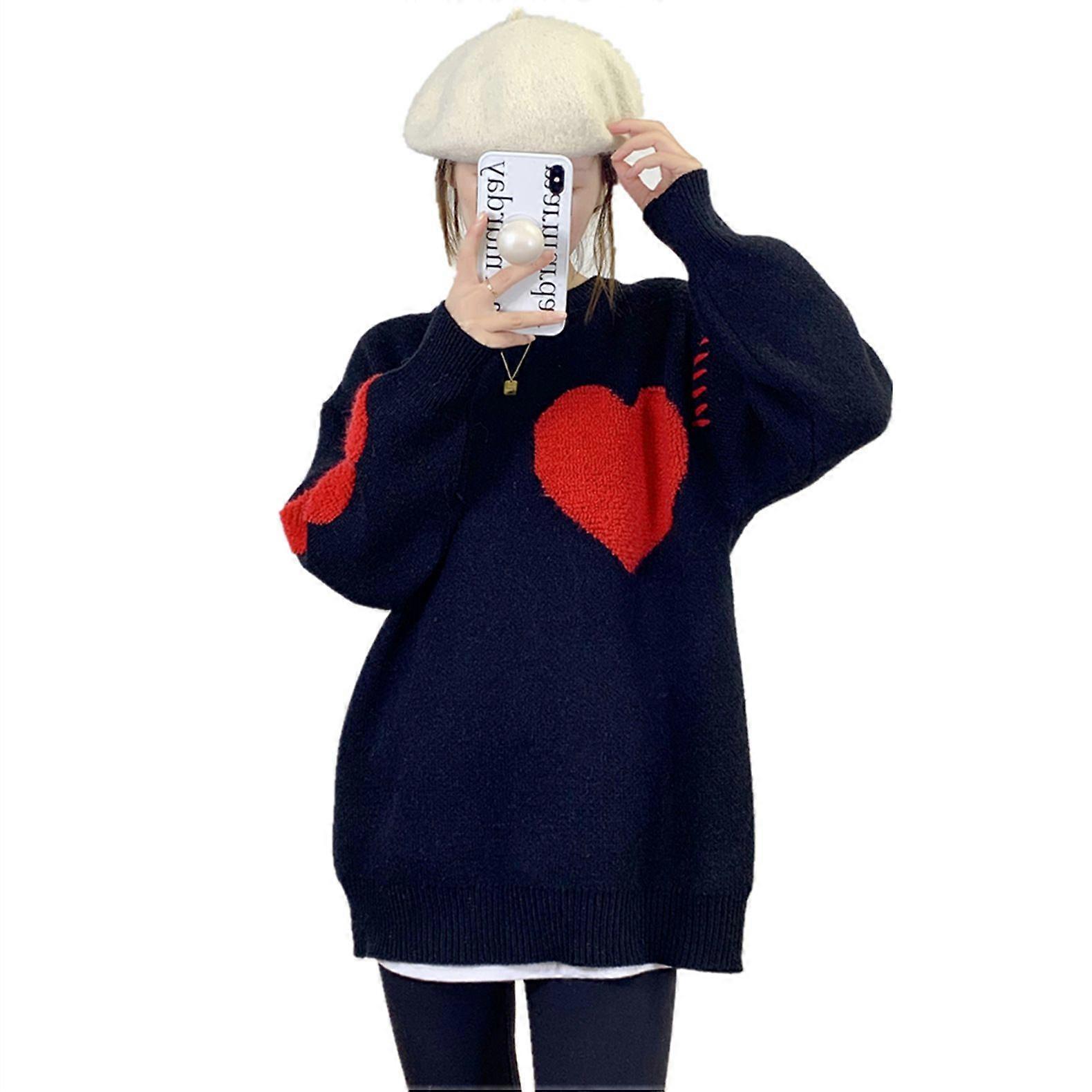 Women's Cute Heart Pattern Patchwork Casual Crewneck Knitted Sweaters Pullover