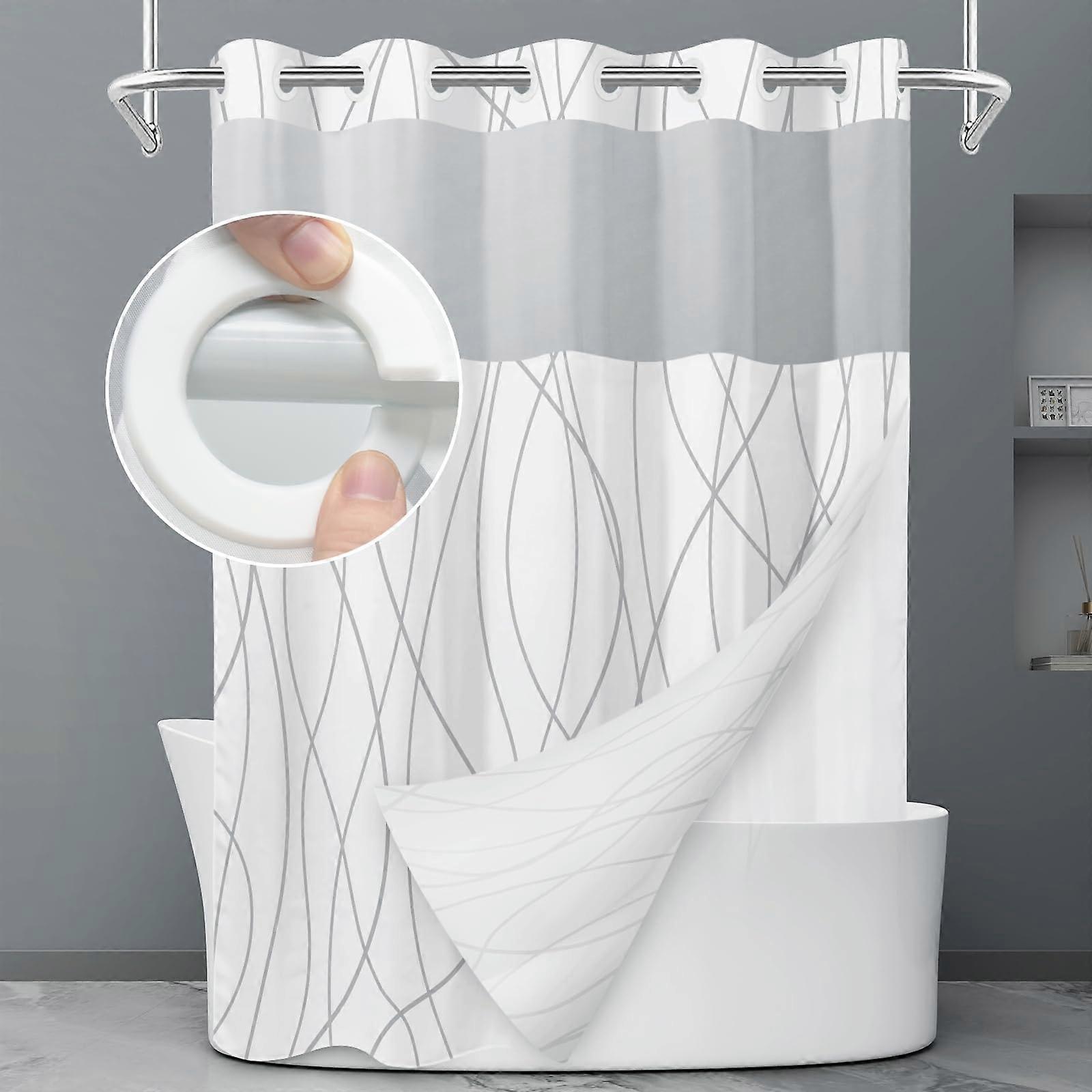 1 Pack Shower Curtain with Snap in Fabric Liner Set Grey White Striped for Hotel 71"W x 74"L