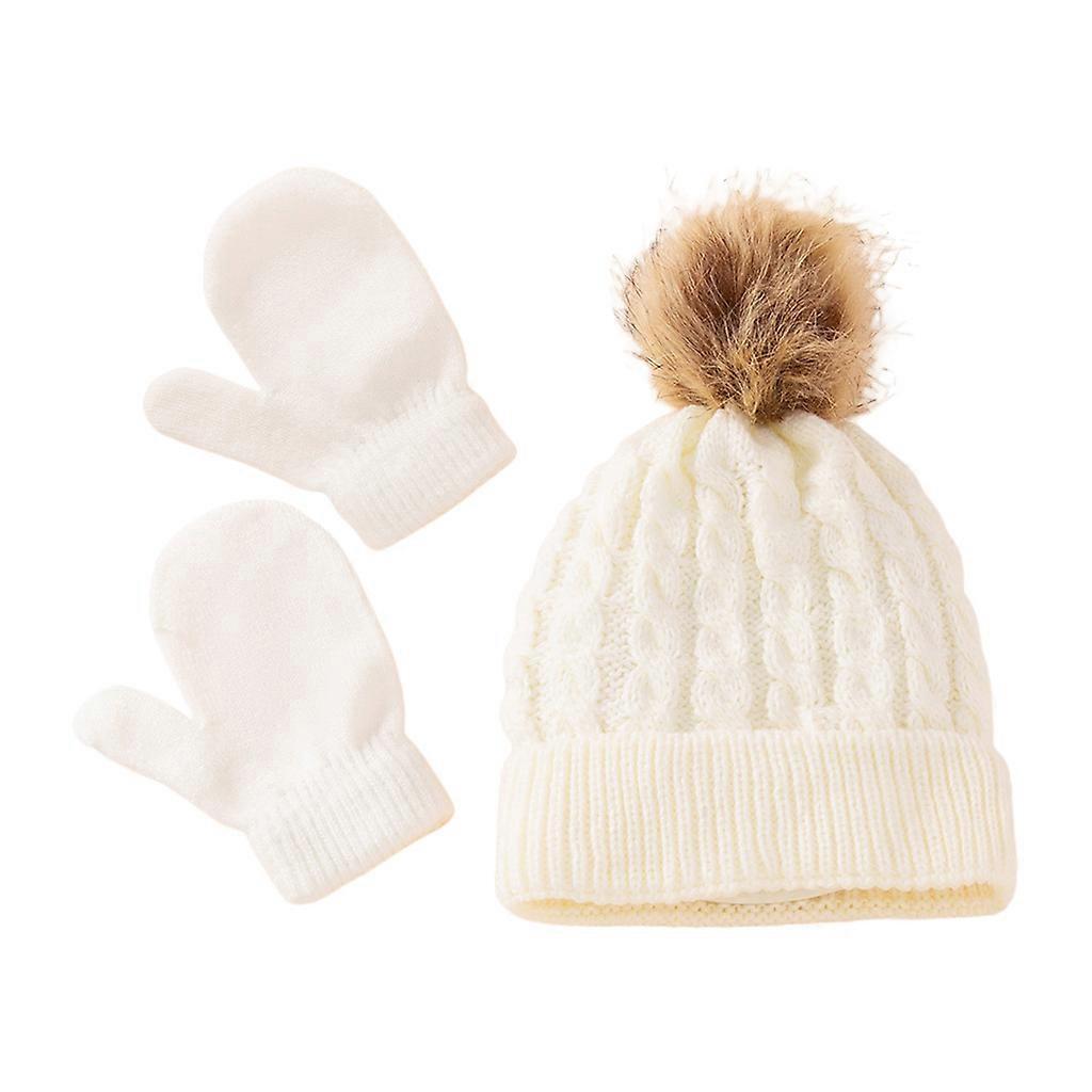 Winter Warm Baby Solid Color Hat Gloves Set Fur Ball Knitted Beanies Cap Mitten  White
