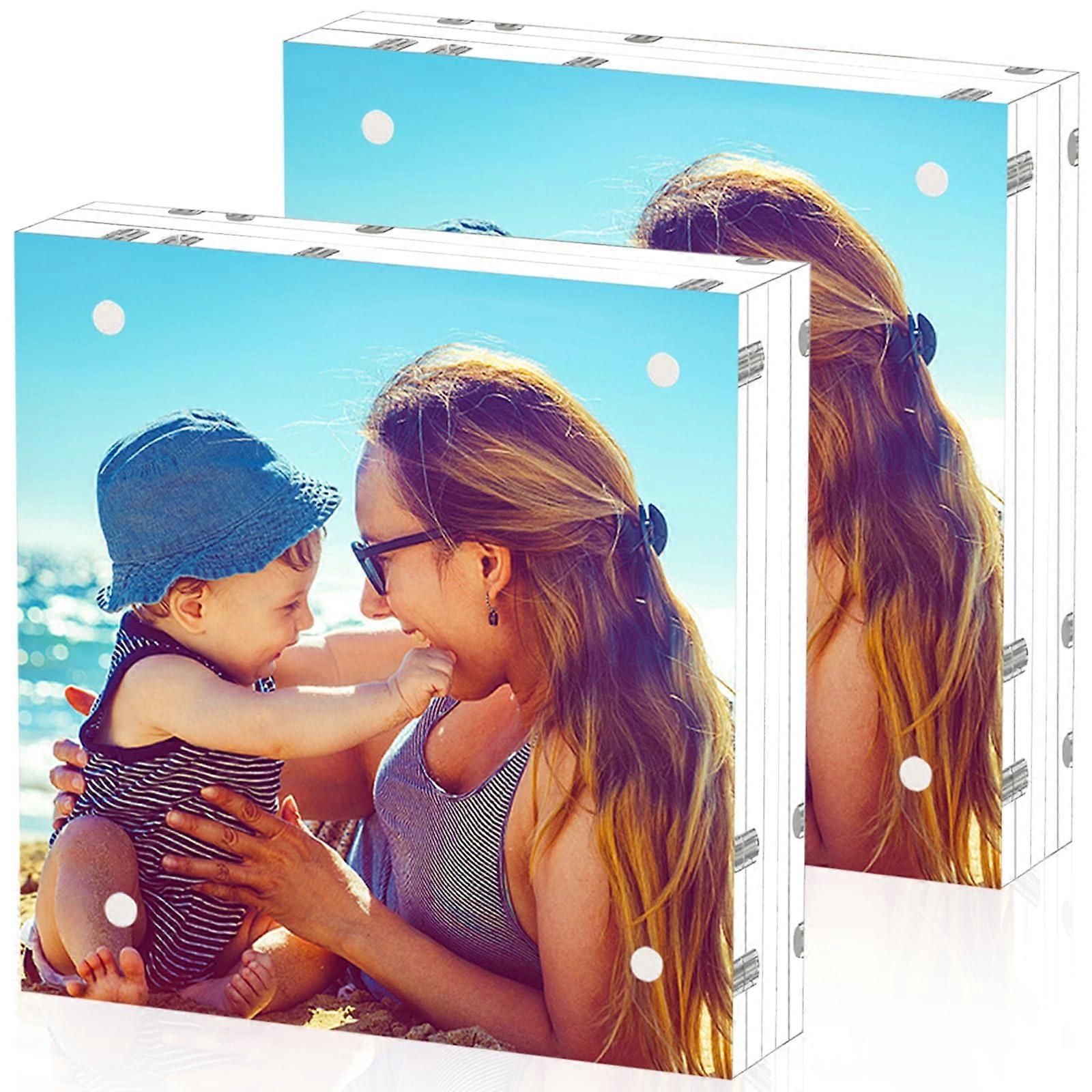 2 Pack 8x8 Acrylic Picture Frames, 24mm Thicker Frameless Square Clear Frame Double Sided Magnetic Frame
