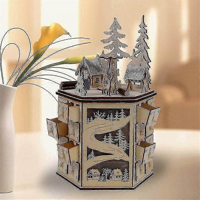 Led Revolving Music Box Calendar Decorated With Led Lights Wooden Carved 24 Day Countdown To Christ