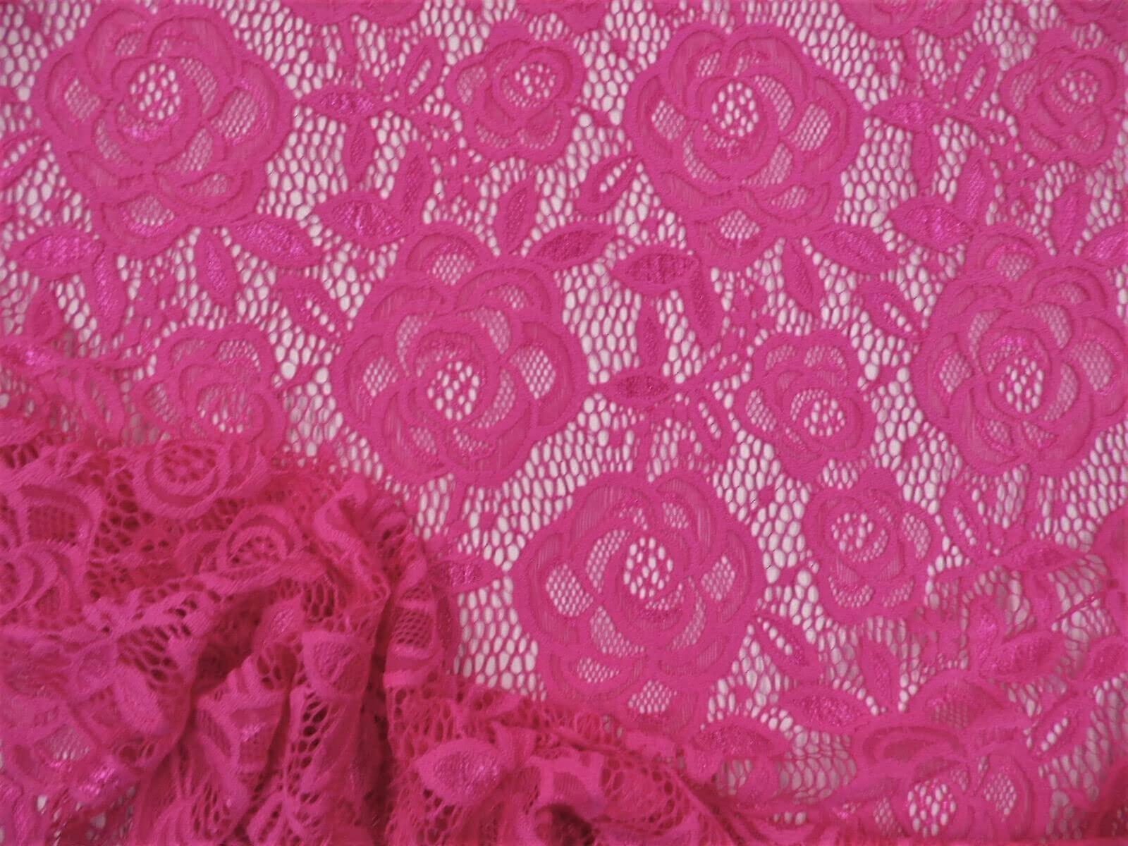 Embroidered Stretch Lace Fabric 5 Yard Lot Sheer Rose Floral Imperial Pink BB401 for Apparel and Craft Projects