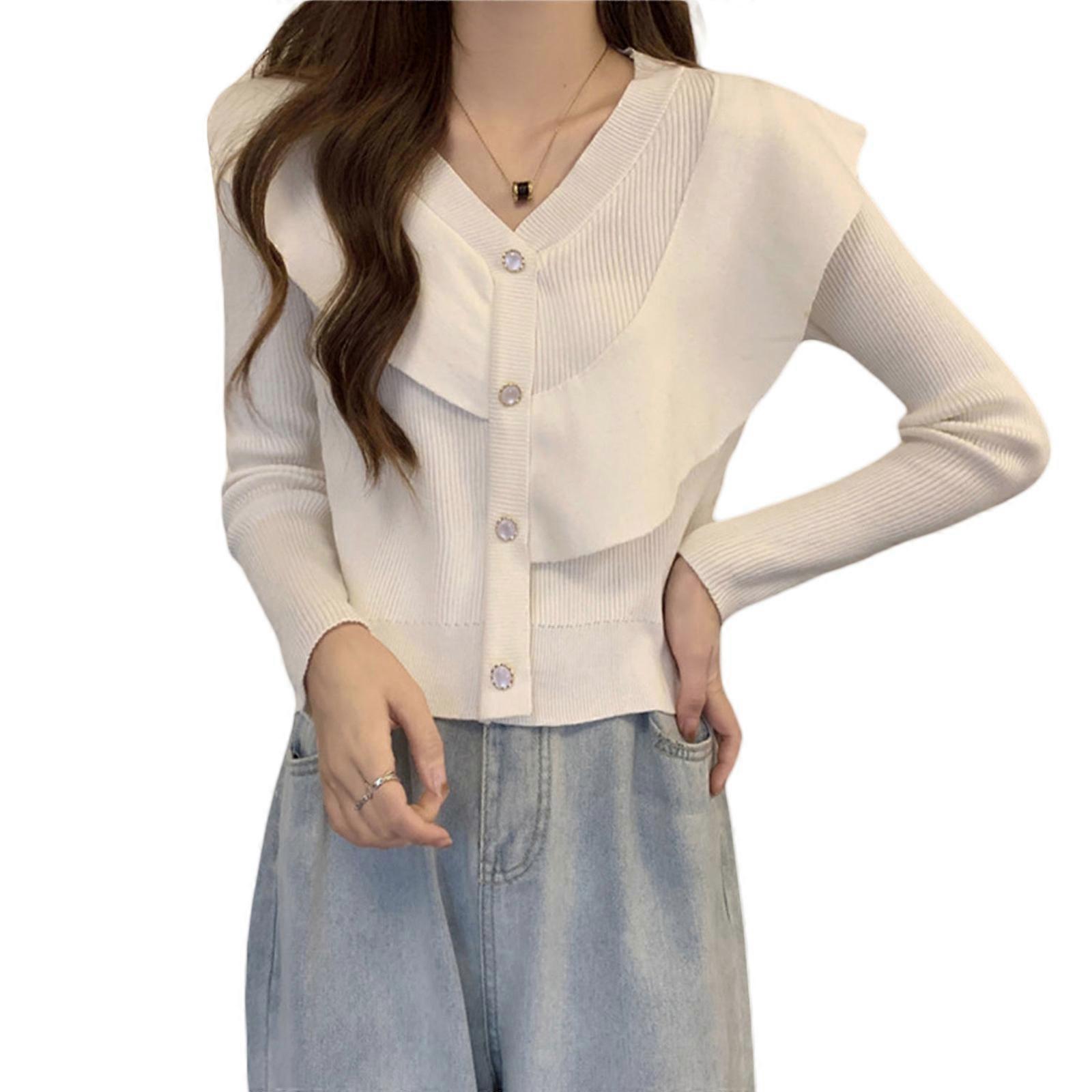 Versatile Women's Knit Button Cardigan with Flattering V Neckline and Sophisticated Ruffled Edge White One size fits all