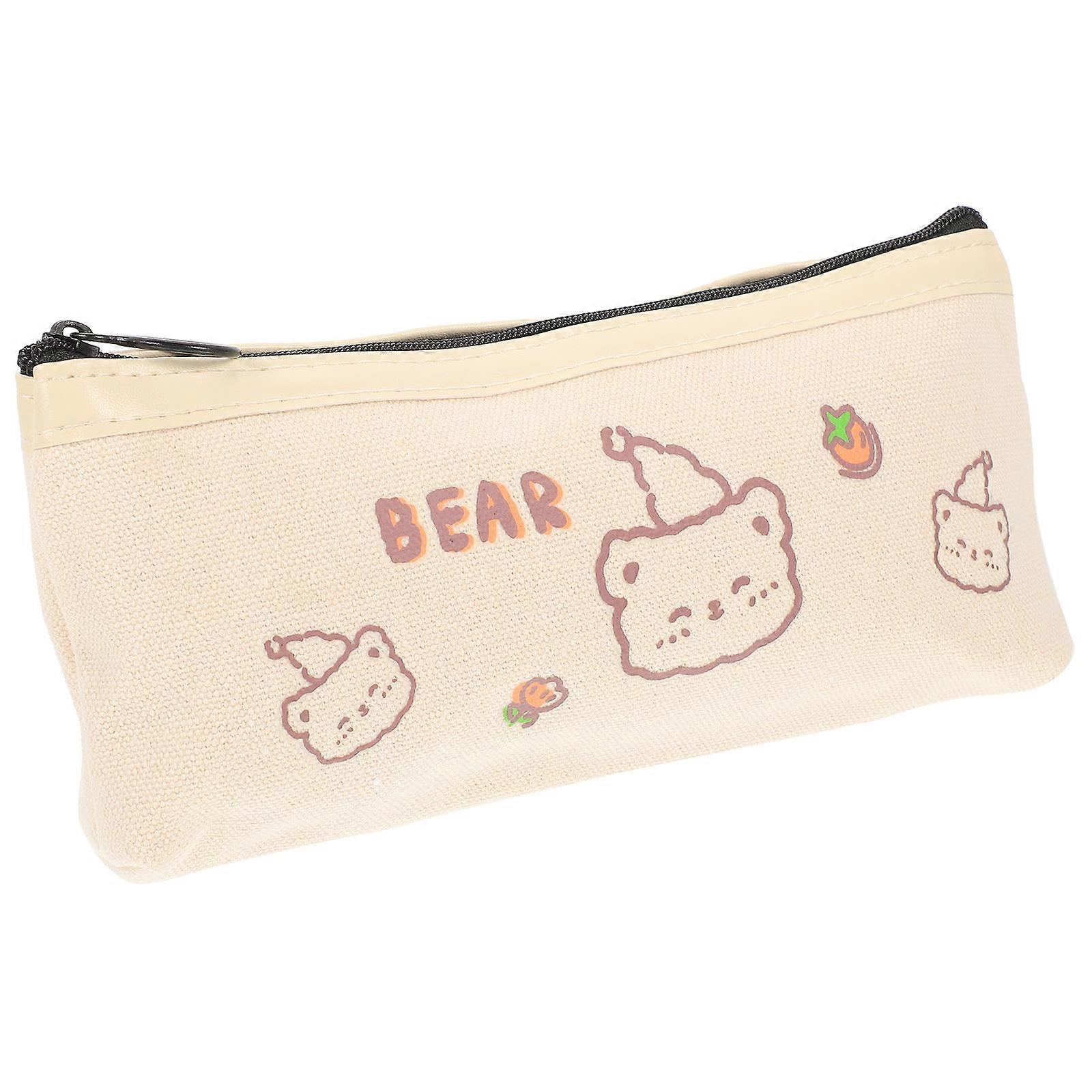 Daily Pencil Bag Fabric Pen Storage Accessory Office Use Beige Rectangular Shape 1Set