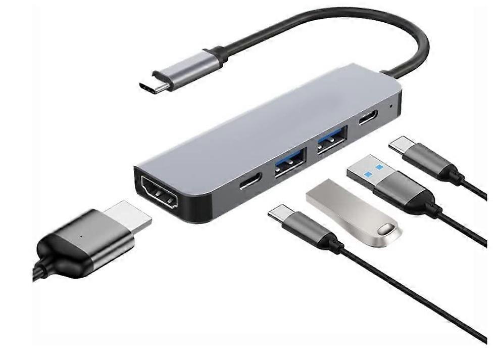 USB C Hub 5-in-1 Slim Type C Hub Adapter with 4K HDMI USB-C 100W PD USB 3.0 Ports, sliver