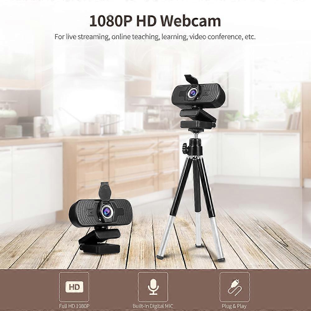 1080P Wide-angle Webcam Video Conference Camera USB Plug & Play with Lens Cap & Tripod for Laptop Desktop TV Box