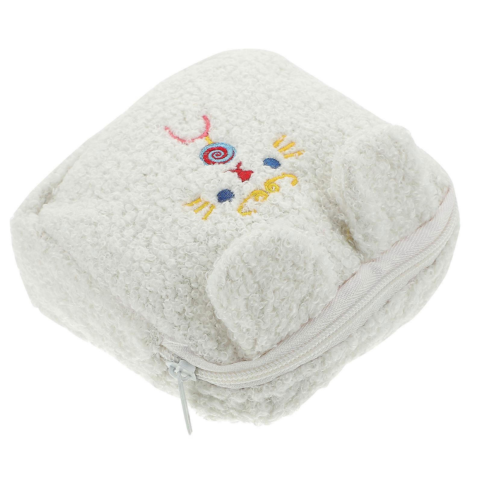 Plush Sanitary Napkin Bag with Zipper, Cartoon Rabbit Embroidered Makeup Holder for Menstrual Pads, Durable Travel Storage
