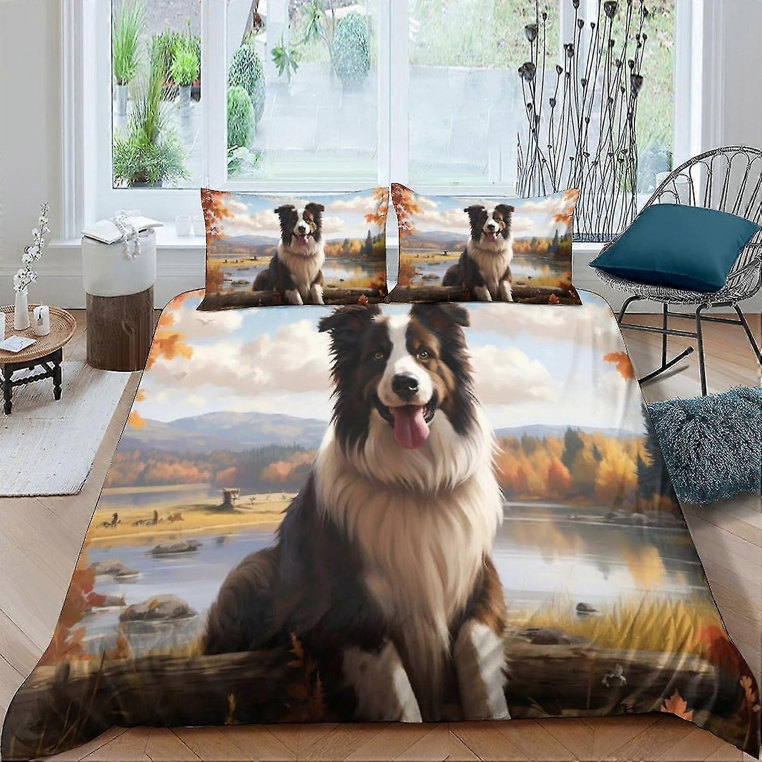 Hypoallergenisk mykt mikrofiber dynetrekksett med Border Collie-design - 3-delt sengesett med matchende pute