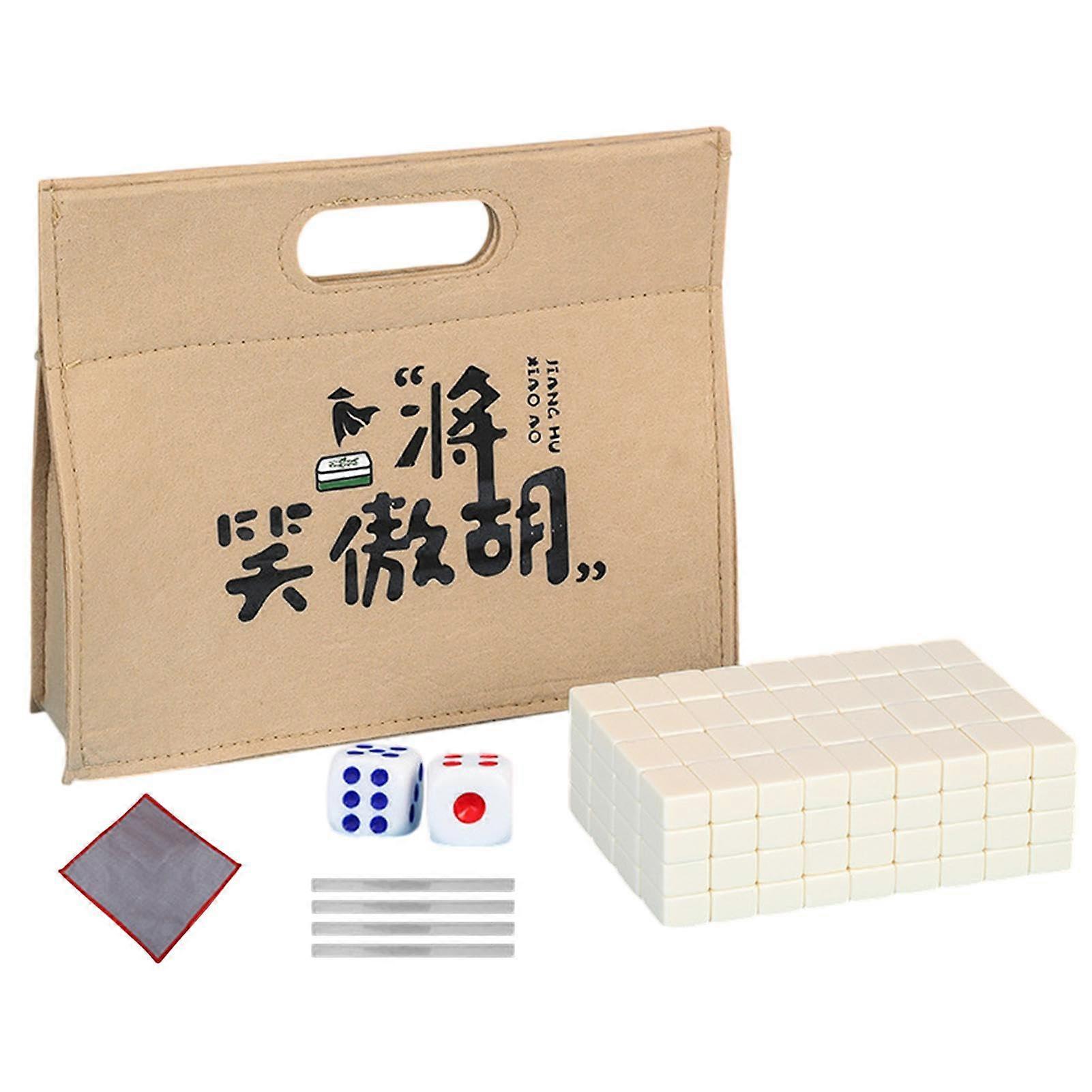 Portable Mahjong Set, Small Chinese Mahjong Tiles, Travel Package with Tablecloth, Bag, Dice, Ruler, Ivory