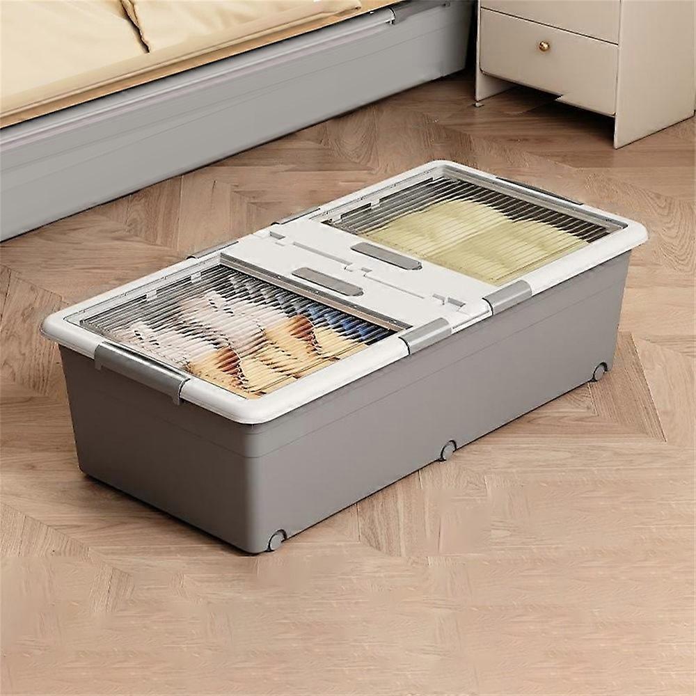 Under Bed Clothes Bedding PP Storage Box Foldable Double-Sided Lid Dustproof Organizer with Wheels, 100x50x28.5cm Grey