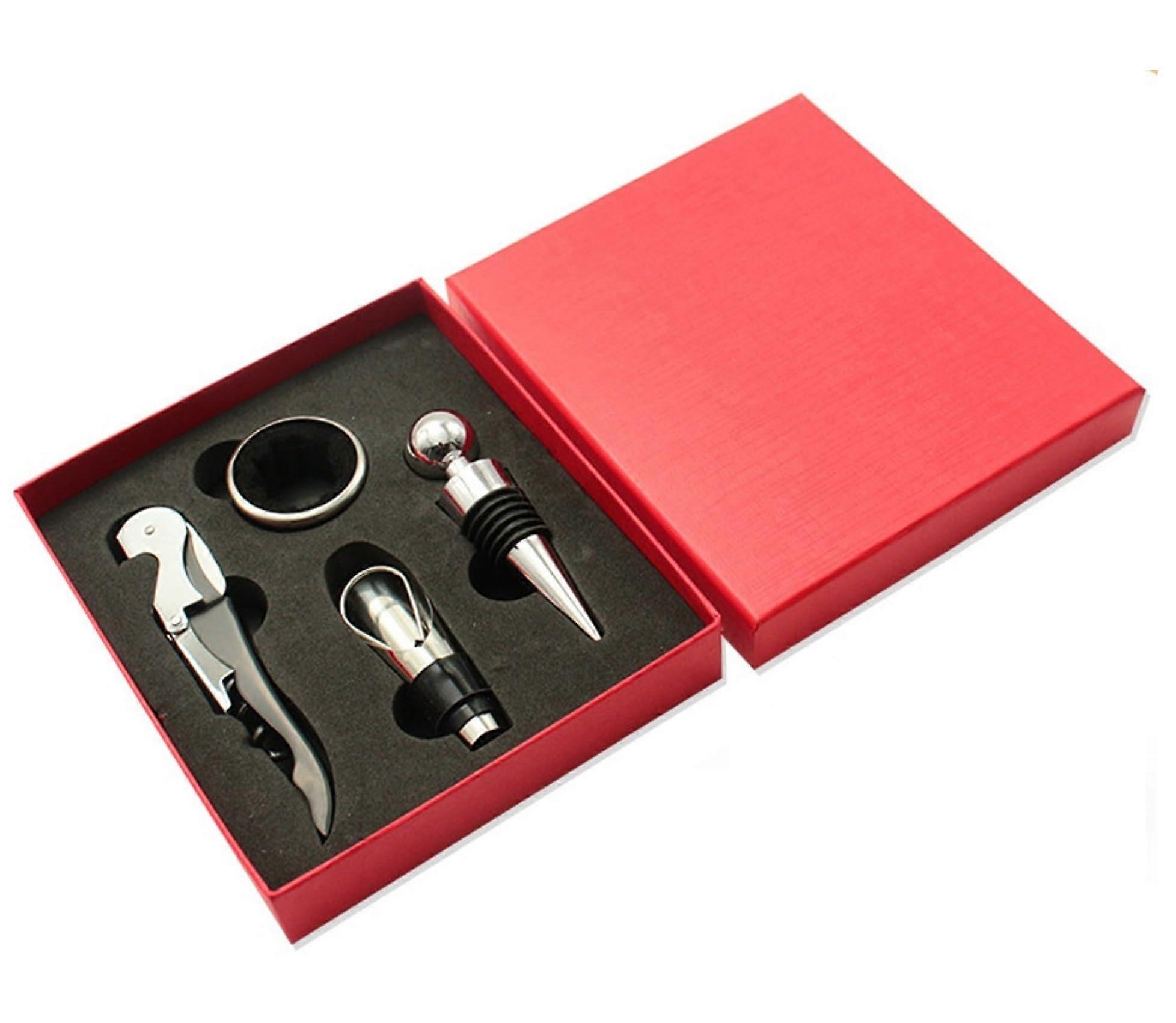 4-Piece Wine Opener Set with Corkscrew, Bottle Pourer, Stopper, Drip Ring in Gift Box for Wine Enthusiasts