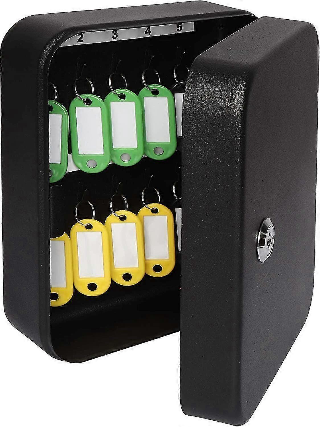 Security Metal Key Box with 20 Hooks, Large Adjustable Wall Mount Key Lock Cabinet, 11 45" X 9 15" X 3" (Key Tags Included)Black SZRH A-J